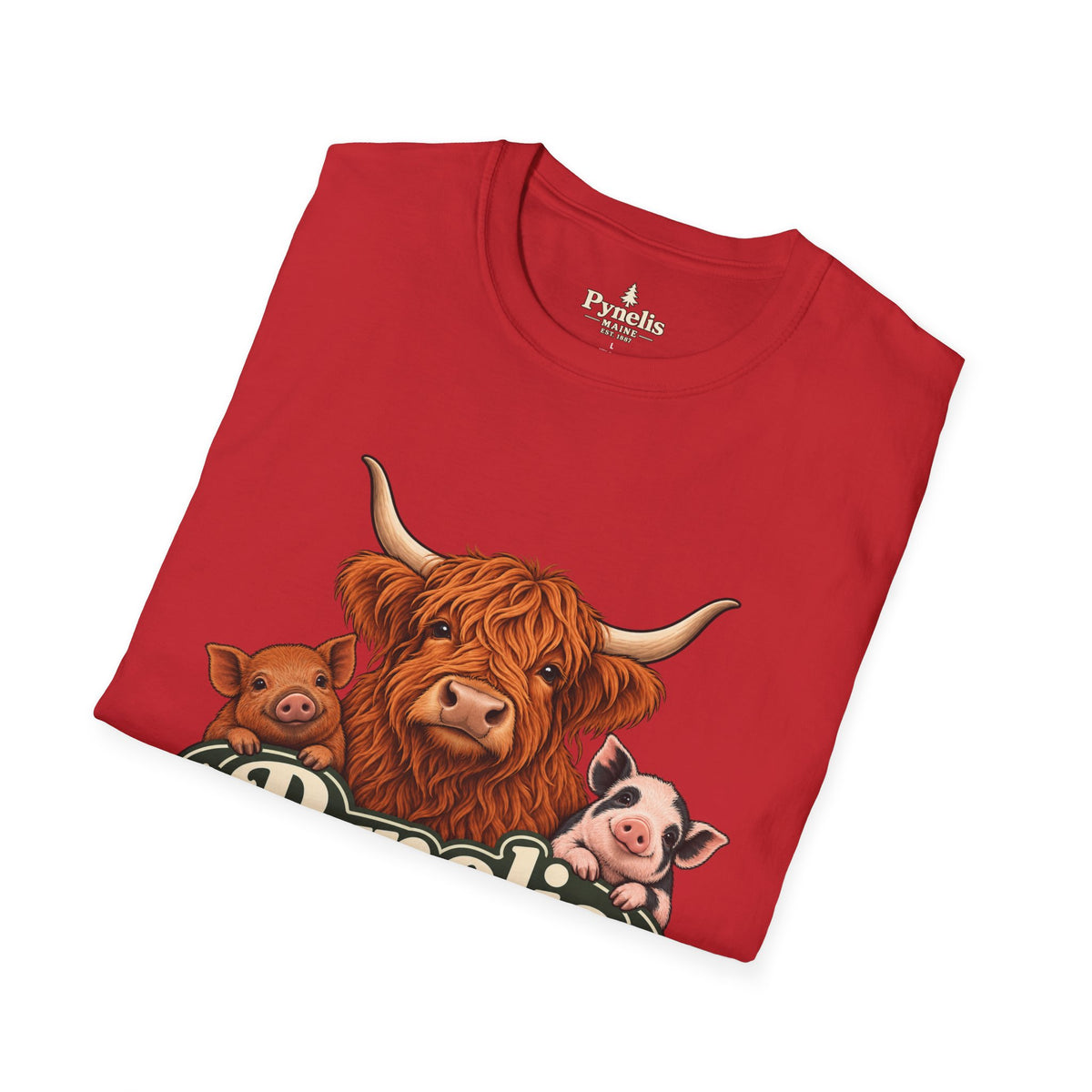 Farm Animal Graphic T-Shirt — "Pynelis" Highland Cow, Pig & Piglet Retro Design