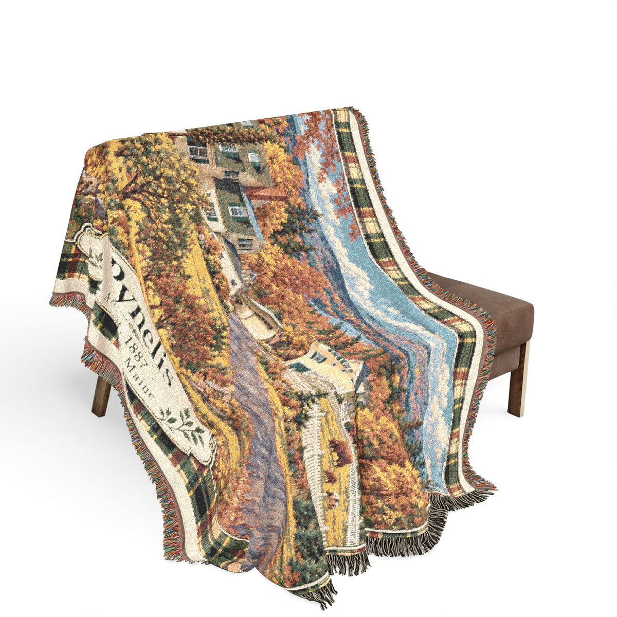 Plaid Woven Blanket — Autumn Village Tapestry Throw (Cozy Pynelis Landscape)