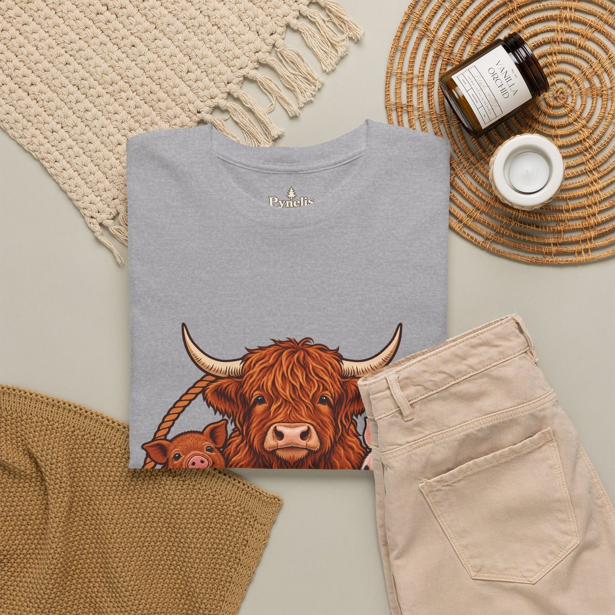Highland Cow & Pig Farm Tee — Pynelis "Moo & Oink" Vintage Farm Logo T-Shirt