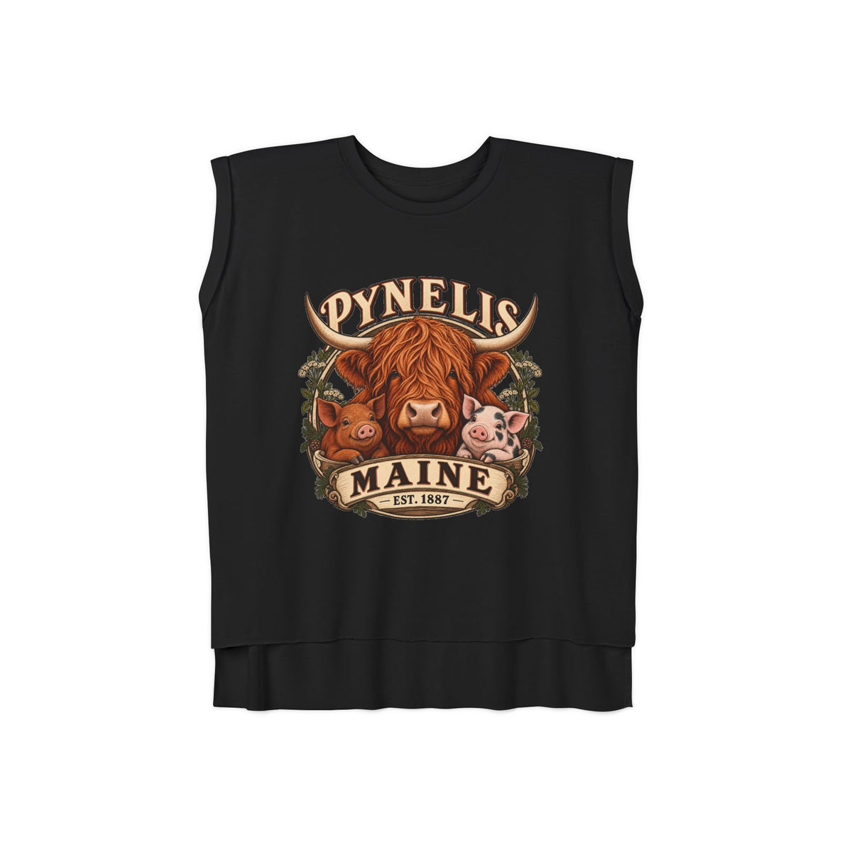 Maine Farm Animal Muscle Tee — "Pynelis" Highland Cow & Pig Graphic