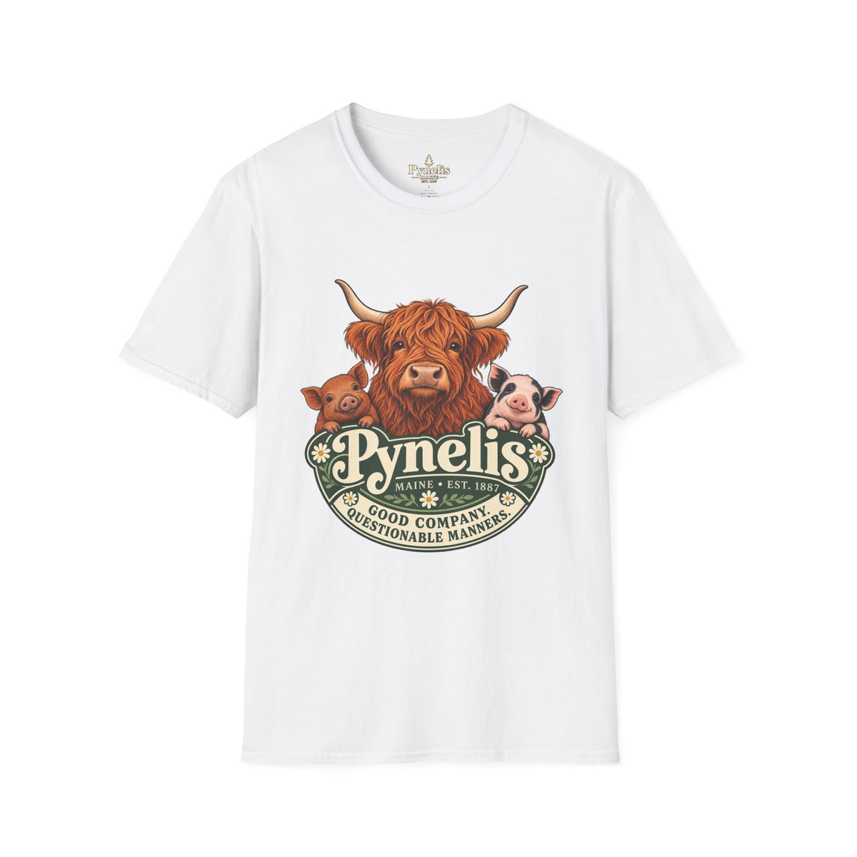 Farm Animal Graphic T-Shirt — "Pynelis" Highland Cow, Pig & Piglet Retro Design