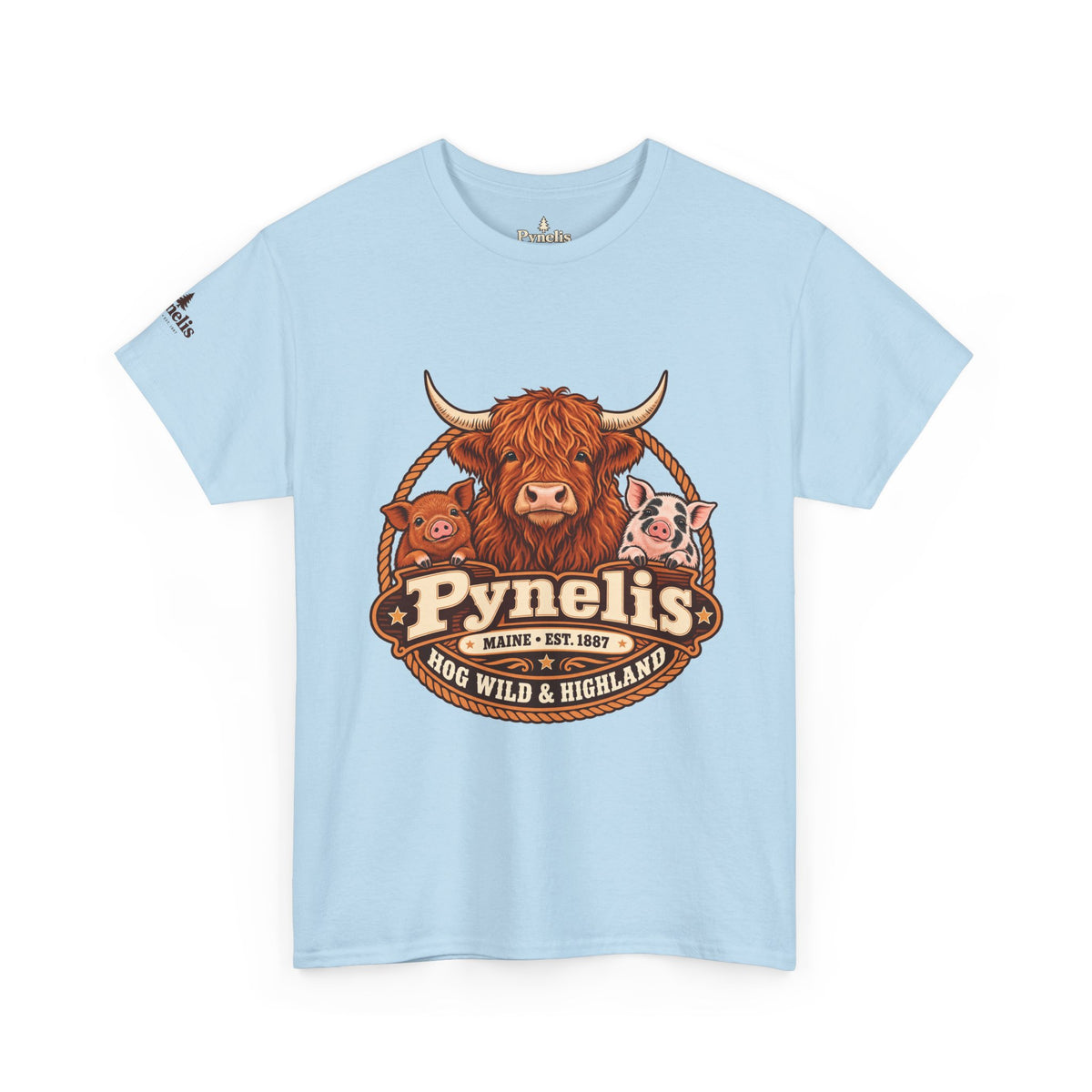 Highland Cow & Pig Farm Tee — Pynelis "Moo & Oink" Vintage Farm Logo T-Shirt