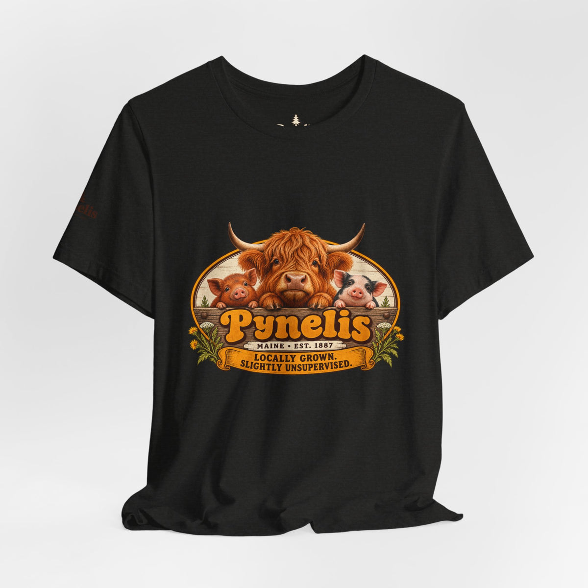Highland Cow Farm T-Shirt — “Pynelis” Vintage Rustic Livestock Tee