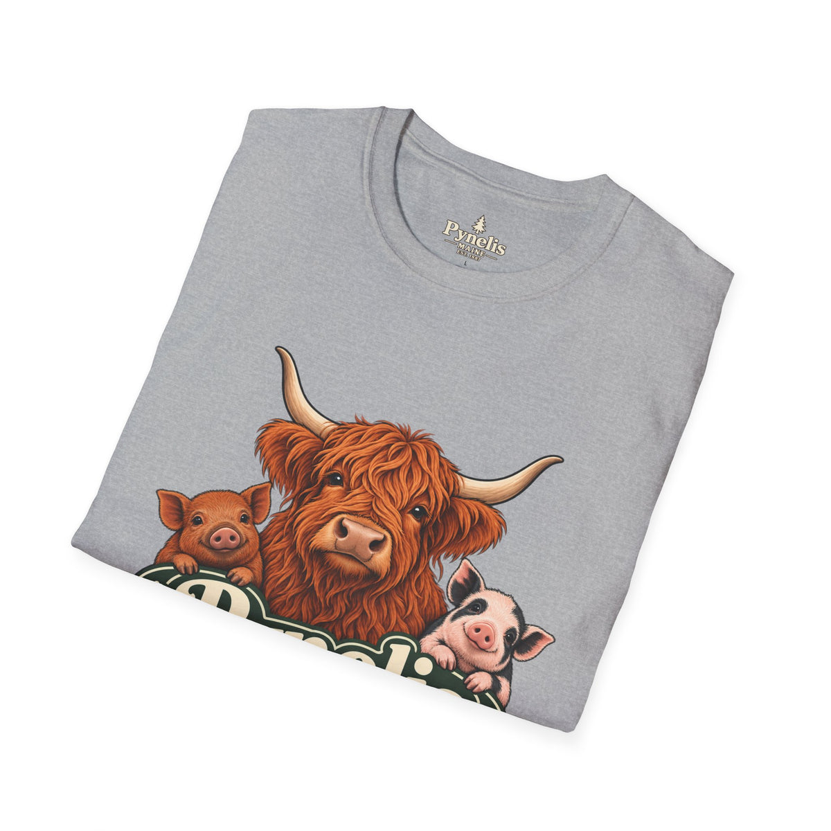 Farm Animal Graphic T-Shirt — "Pynelis" Highland Cow, Pig & Piglet Retro Design