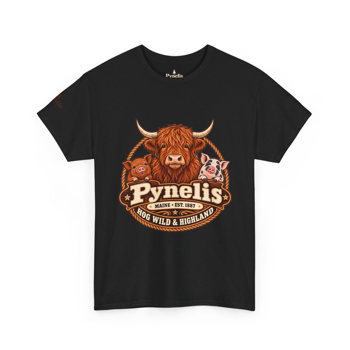 Highland Cow & Pig Farm Tee — Pynelis "Moo & Oink" Vintage Farm Logo T-Shirt