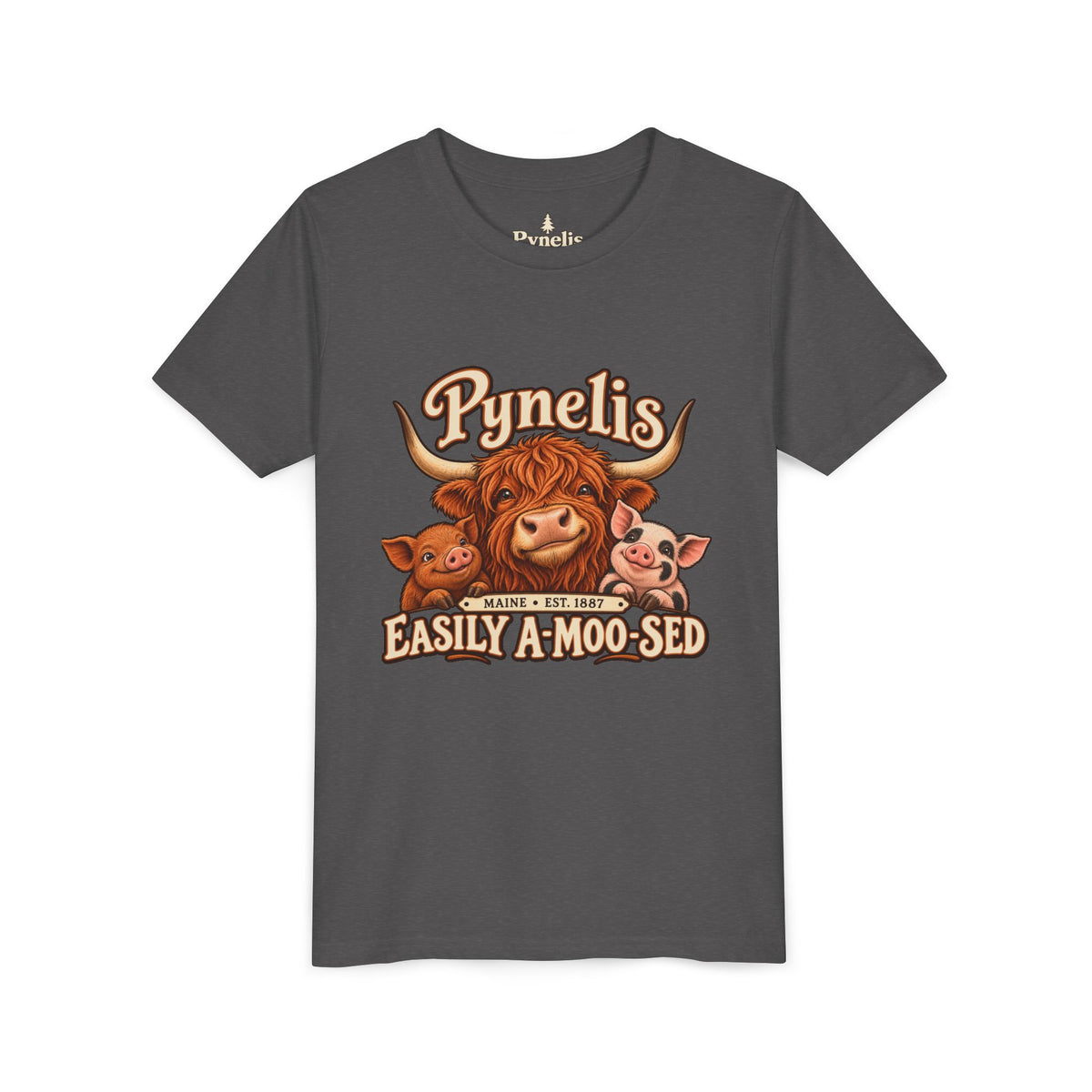 Youth Tee - "Pynelis Easily A-Moo-Sed" Funny Cow & Pig Farm Animal Shirt