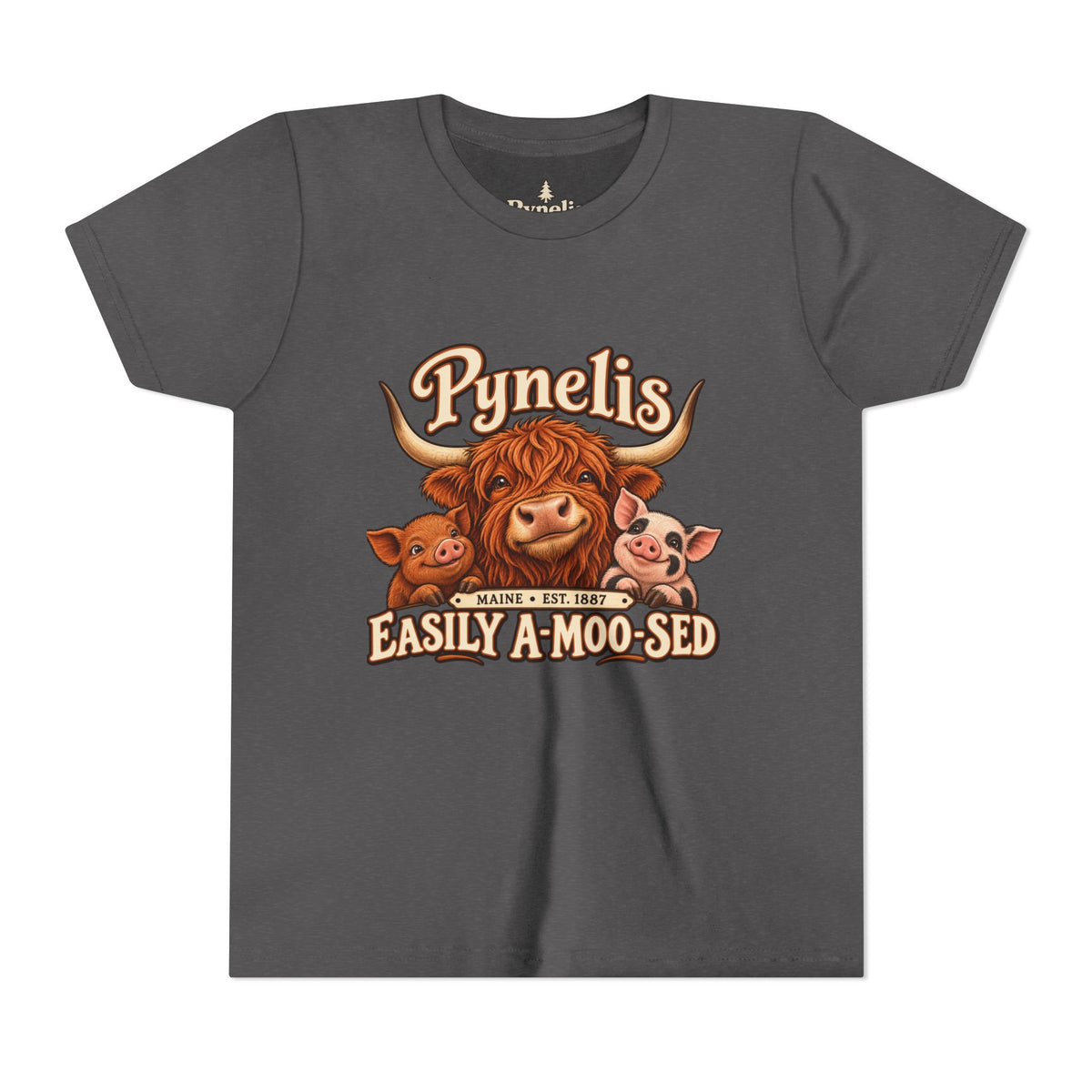 Youth Tee - "Pynelis Easily A-Moo-Sed" Funny Cow & Pig Farm Animal Shirt