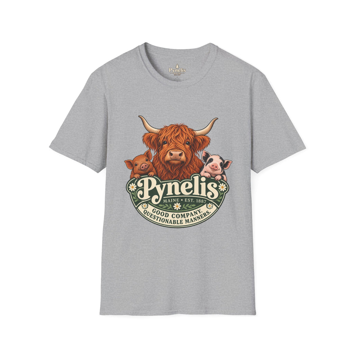 Farm Animal Graphic T-Shirt — "Pynelis" Highland Cow, Pig & Piglet Retro Design