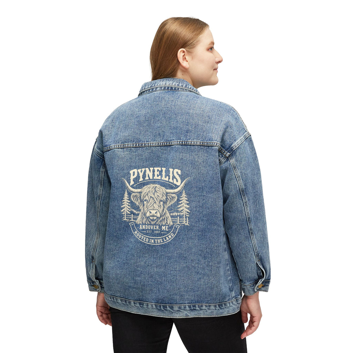 Women’s Denim Jacket — Rustic Buffalo Graphic Back Print, Casual Western Jean Jacket