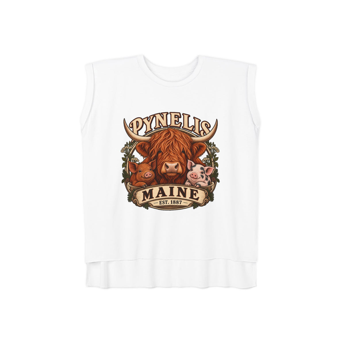 Maine Farm Animal Muscle Tee — "Pynelis" Highland Cow & Pig Graphic