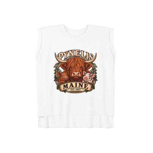 Maine Farm Animal Muscle Tee — "Pynelis" Highland Cow & Pig Graphic
