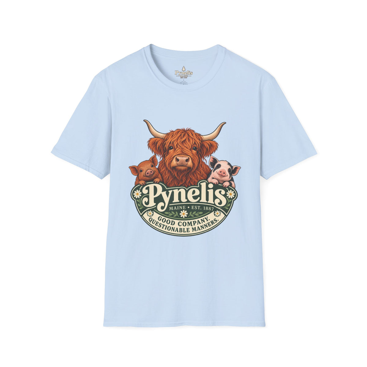 Farm Animal Graphic T-Shirt — "Pynelis" Highland Cow, Pig & Piglet Retro Design