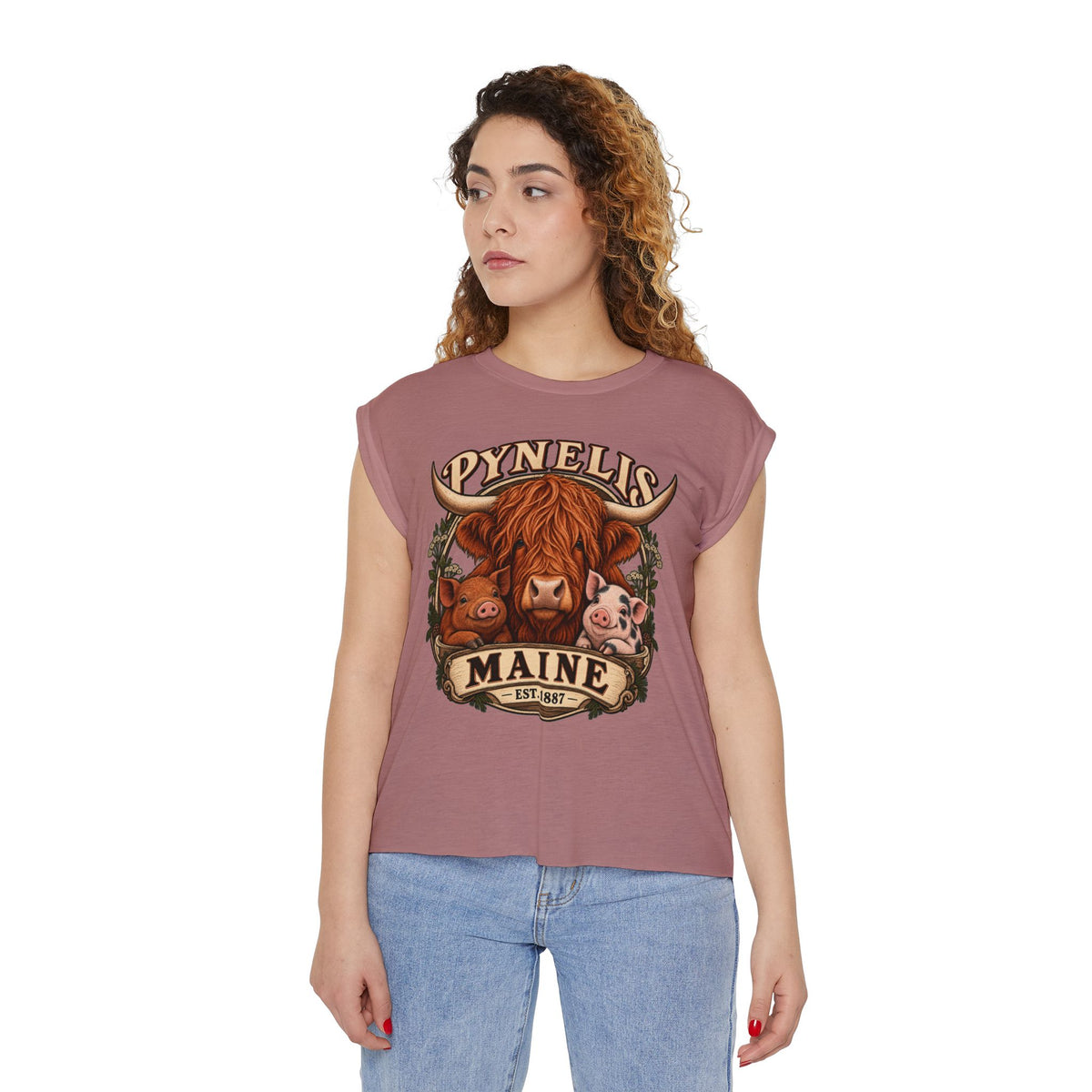 Maine Farm Animal Muscle Tee — "Pynelis" Highland Cow & Pig Graphic