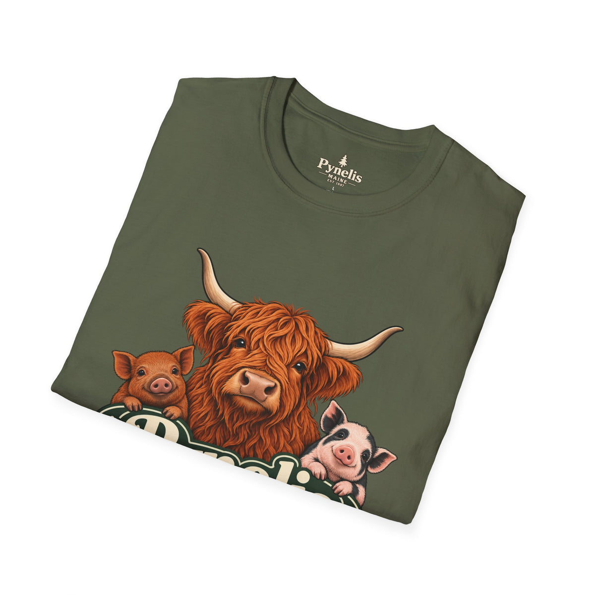 Farm Animal Graphic T-Shirt — "Pynelis" Highland Cow, Pig & Piglet Retro Design