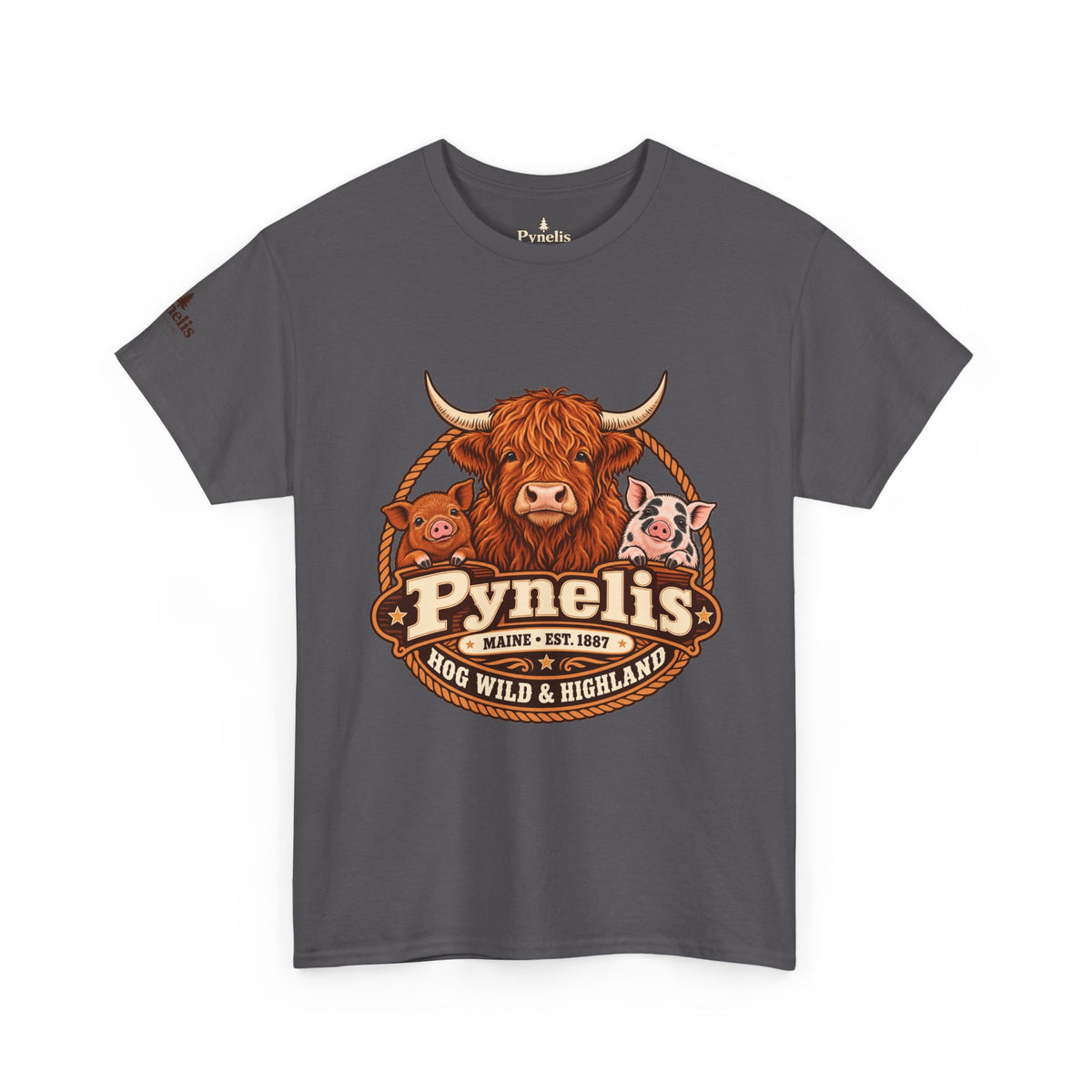 Highland Cow & Pig Farm Tee — Pynelis "Moo & Oink" Vintage Farm Logo T-Shirt