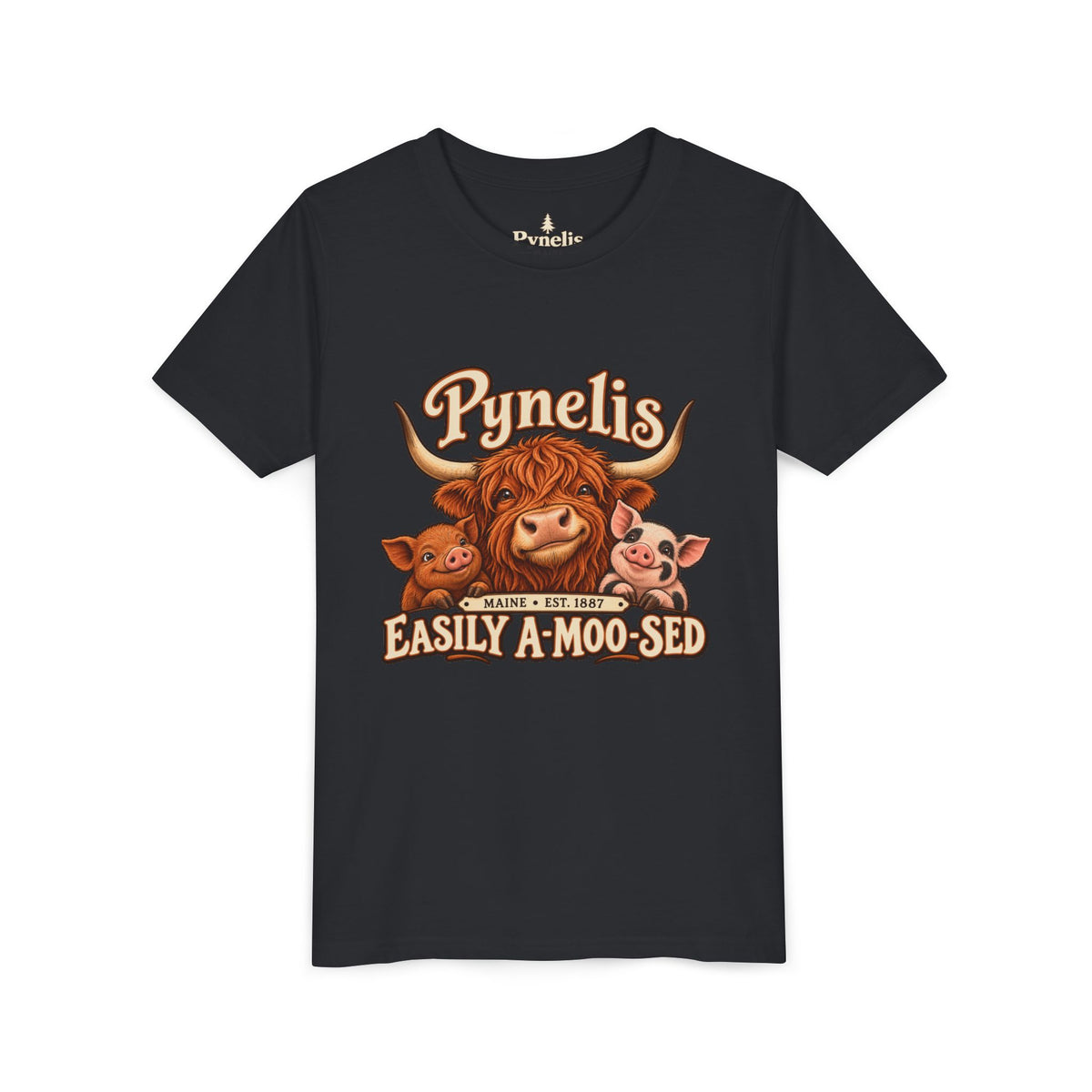 Youth Tee - "Pynelis Easily A-Moo-Sed" Funny Cow & Pig Farm Animal Shirt