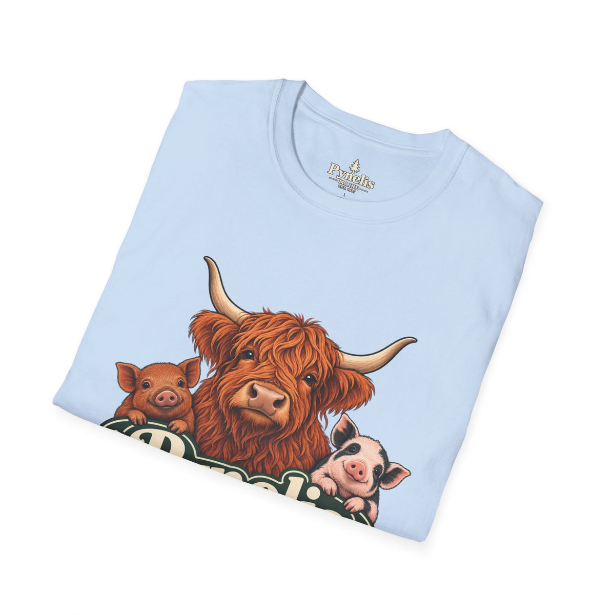 Farm Animal Graphic T-Shirt — "Pynelis" Highland Cow, Pig & Piglet Retro Design