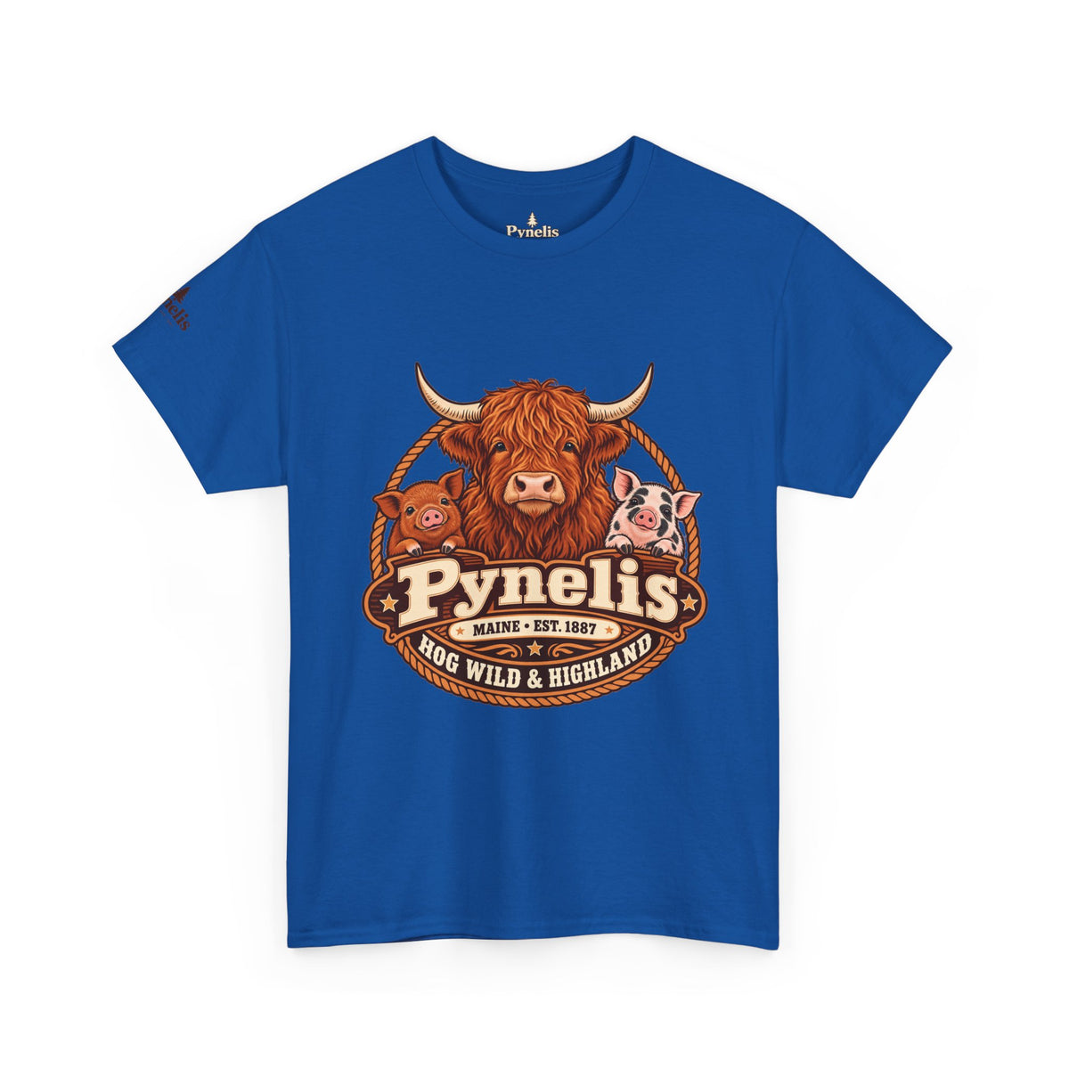 Highland Cow & Pig Farm Tee — Pynelis "Moo & Oink" Vintage Farm Logo T-Shirt