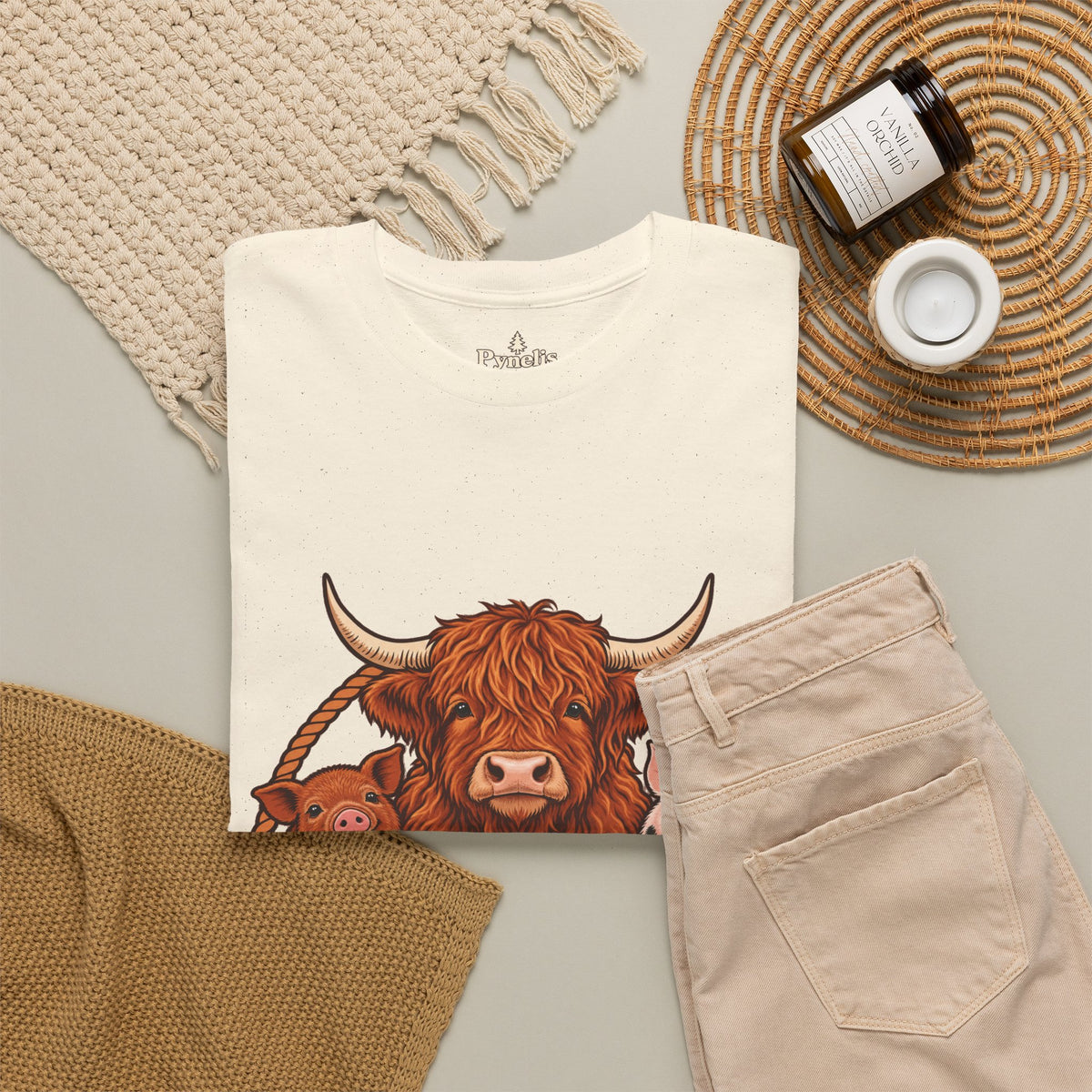 Highland Cow & Pig Farm Tee — Pynelis "Moo & Oink" Vintage Farm Logo T-Shirt