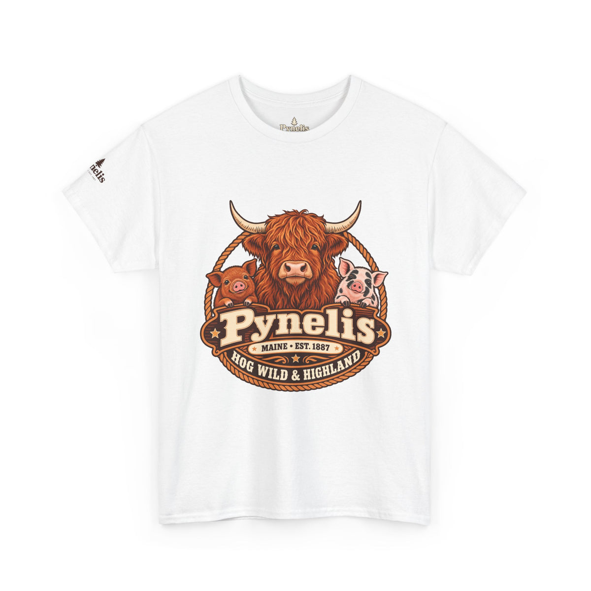 Highland Cow & Pig Farm Tee — Pynelis "Moo & Oink" Vintage Farm Logo T-Shirt