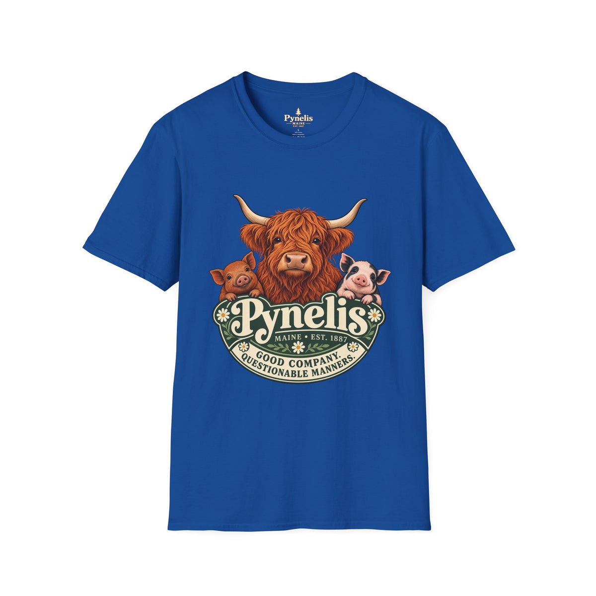 Farm Animal Graphic T-Shirt — "Pynelis" Highland Cow, Pig & Piglet Retro Design