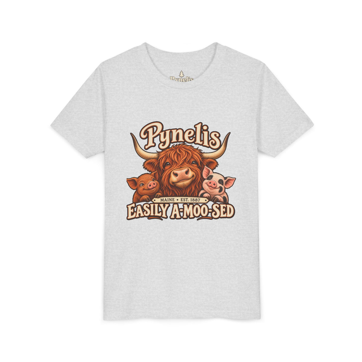 Youth Tee - "Pynelis Easily A-Moo-Sed" Funny Cow & Pig Farm Animal Shirt