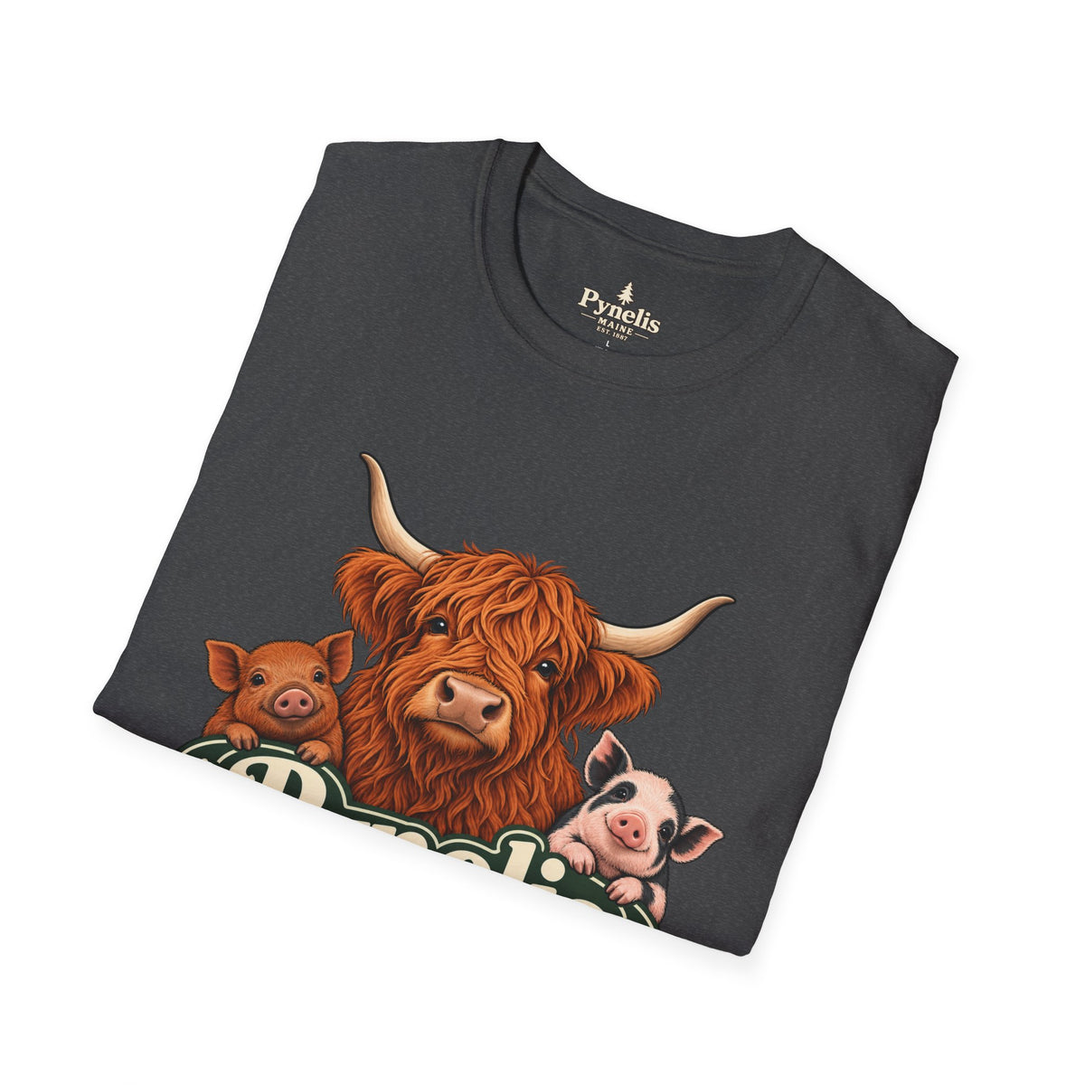 Farm Animal Graphic T-Shirt — "Pynelis" Highland Cow, Pig & Piglet Retro Design
