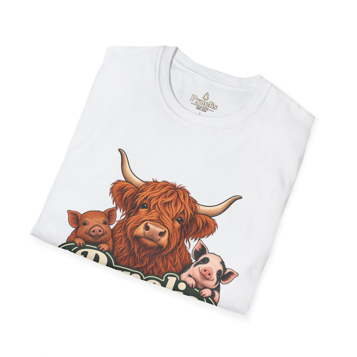 Farm Animal Graphic T-Shirt — "Pynelis" Highland Cow, Pig & Piglet Retro Design