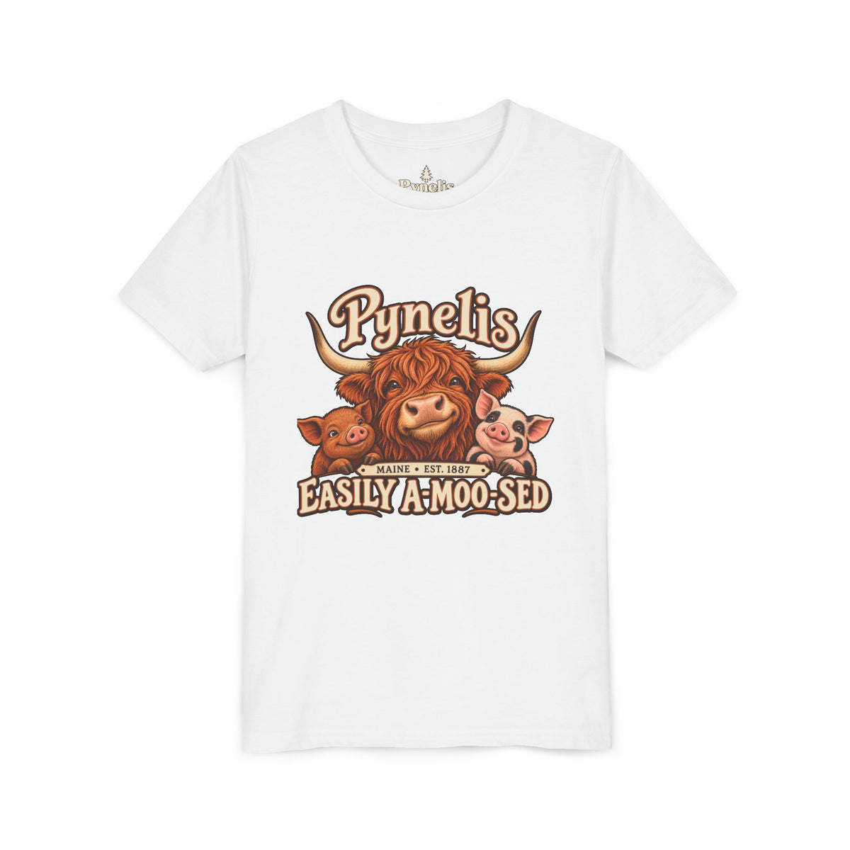 Youth Tee - "Pynelis Easily A-Moo-Sed" Funny Cow & Pig Farm Animal Shirt