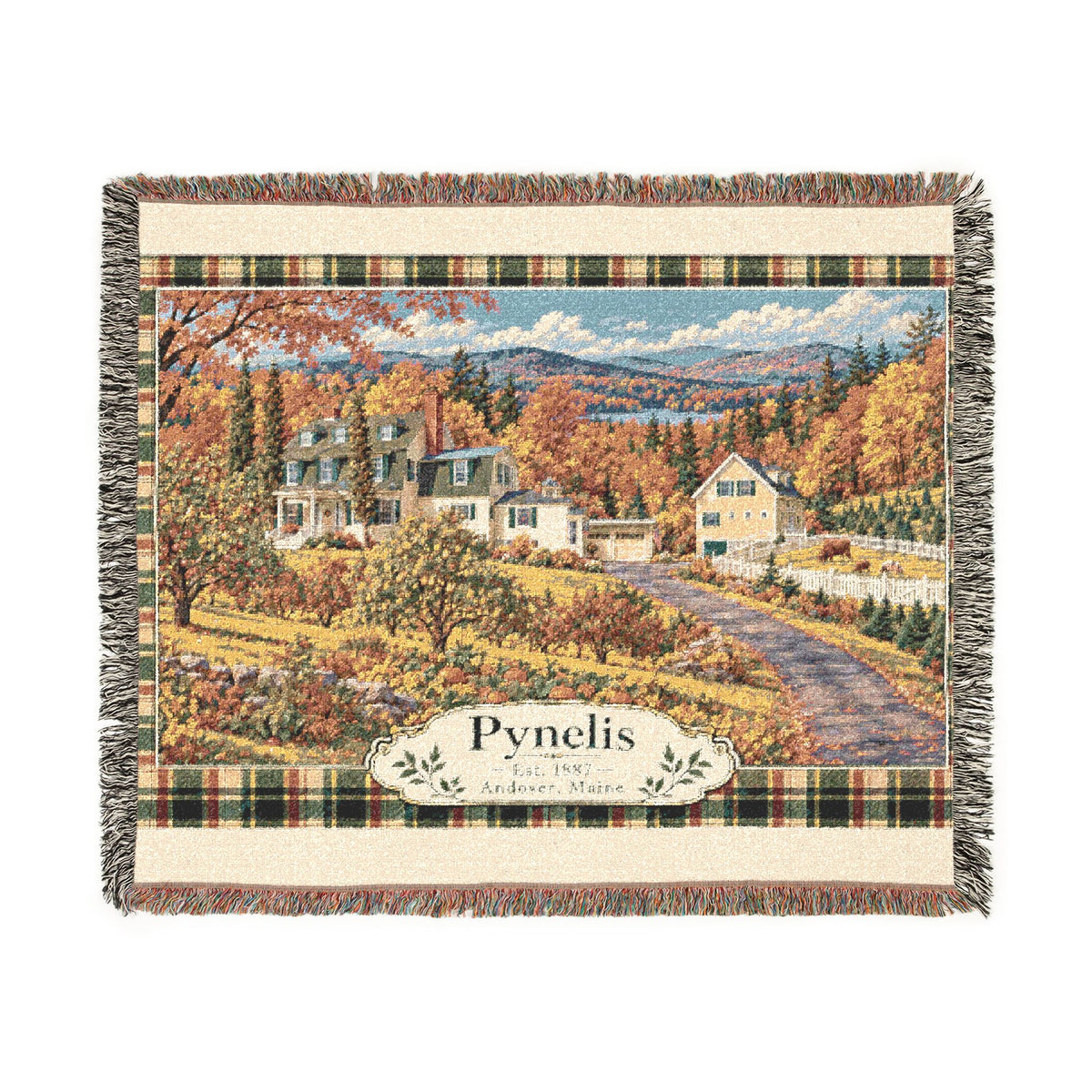 Plaid Woven Blanket — Autumn Village Tapestry Throw (Cozy Pynelis Landscape)