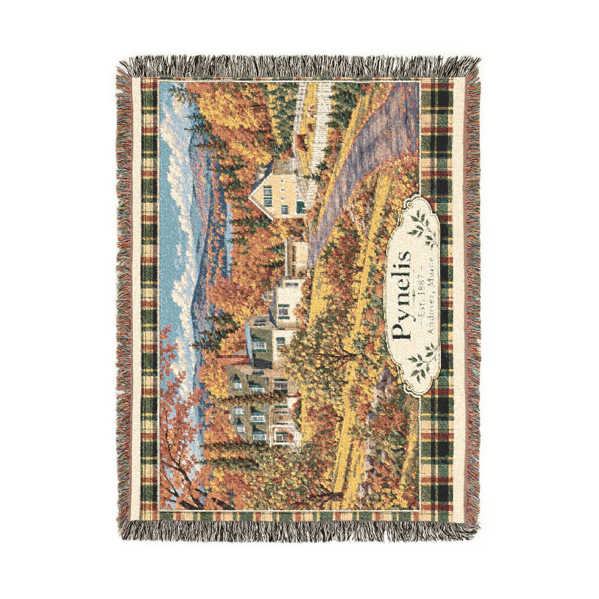 Plaid Woven Blanket — Autumn Village Tapestry Throw (Cozy Pynelis Landscape)