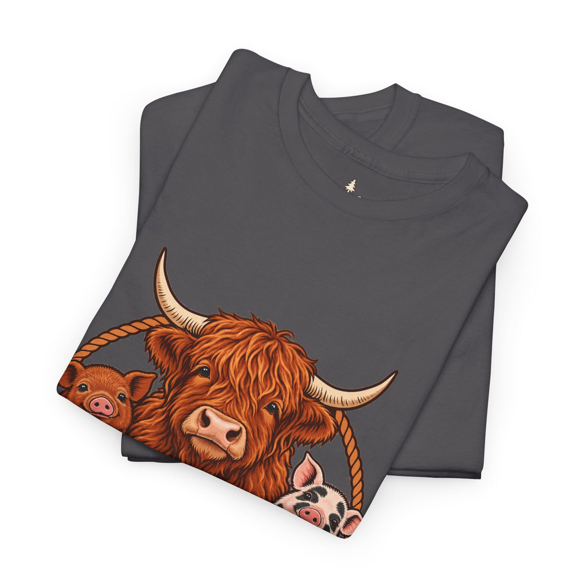 Highland Cow & Pig Farm Tee — Pynelis "Moo & Oink" Vintage Farm Logo T-Shirt