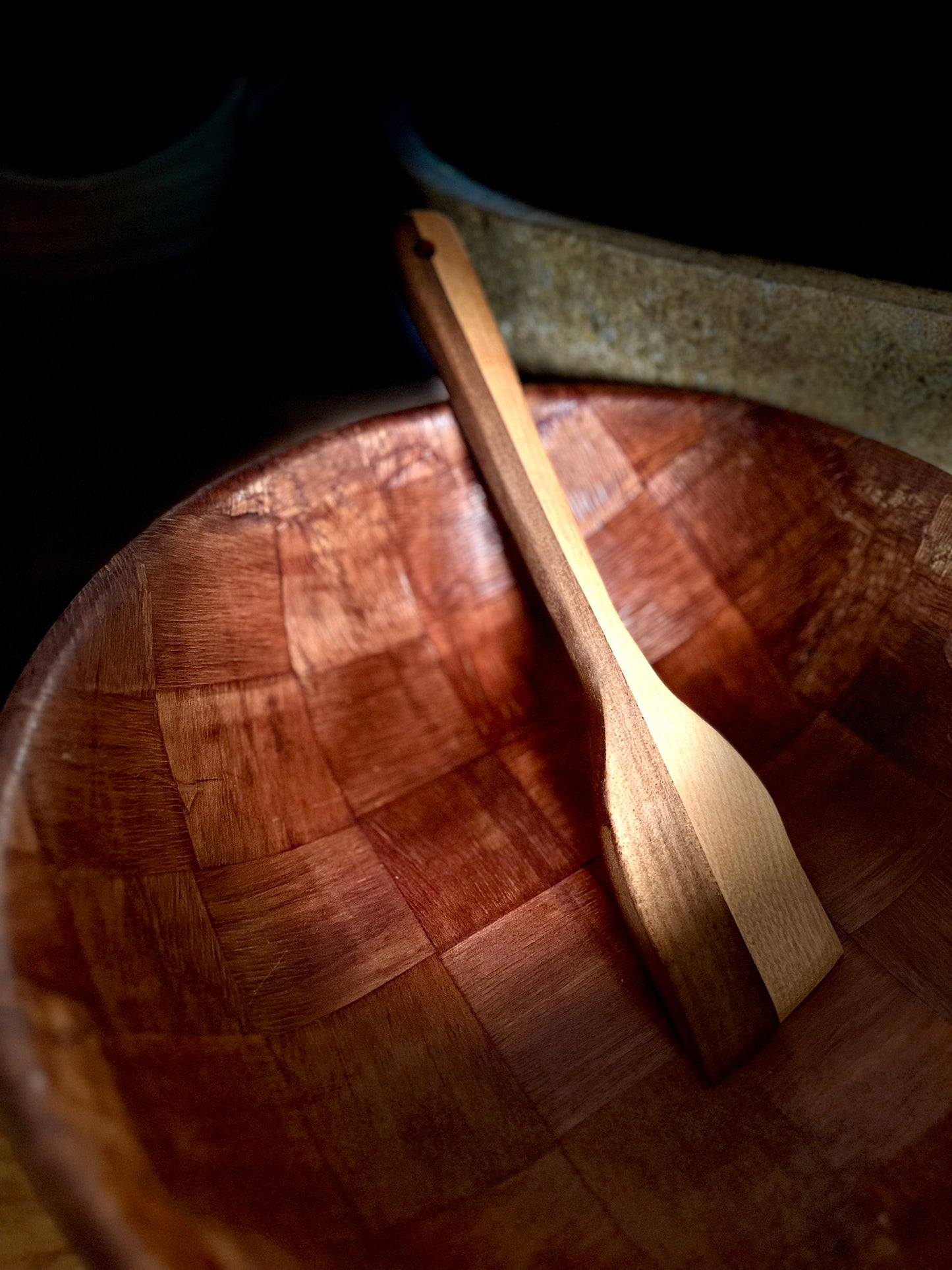 Hand Carved African Walnut and Maine Harvested Flame Birch Slanted Spatula
