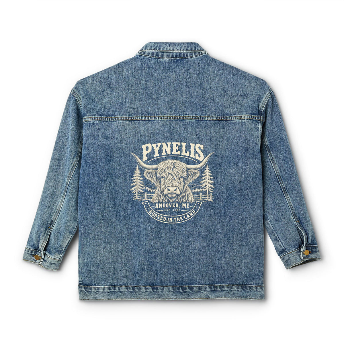 Women’s Denim Jacket — Rustic Buffalo Graphic Back Print, Casual Western Jean Jacket