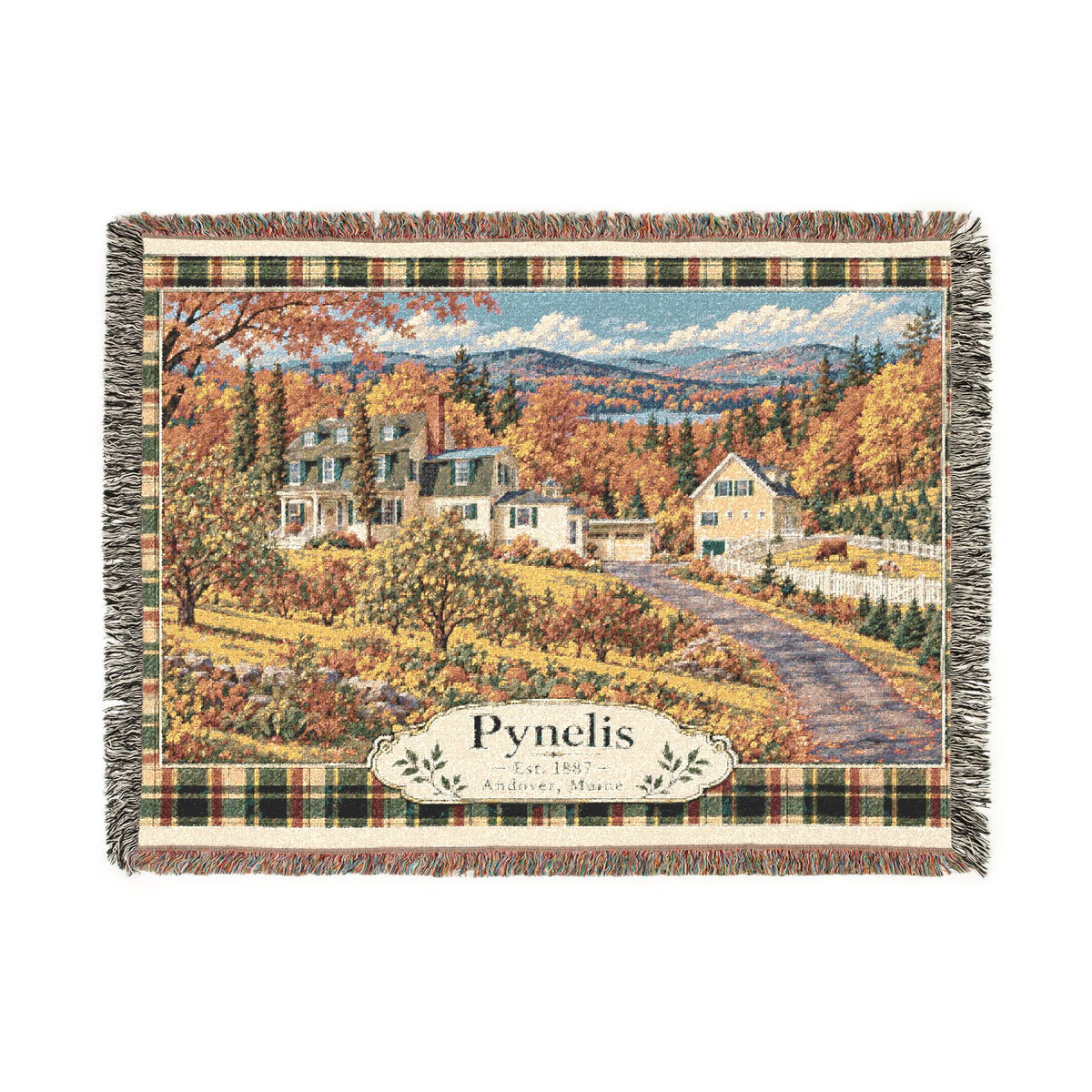 Plaid Woven Blanket — Autumn Village Tapestry Throw (Cozy Pynelis Landscape)