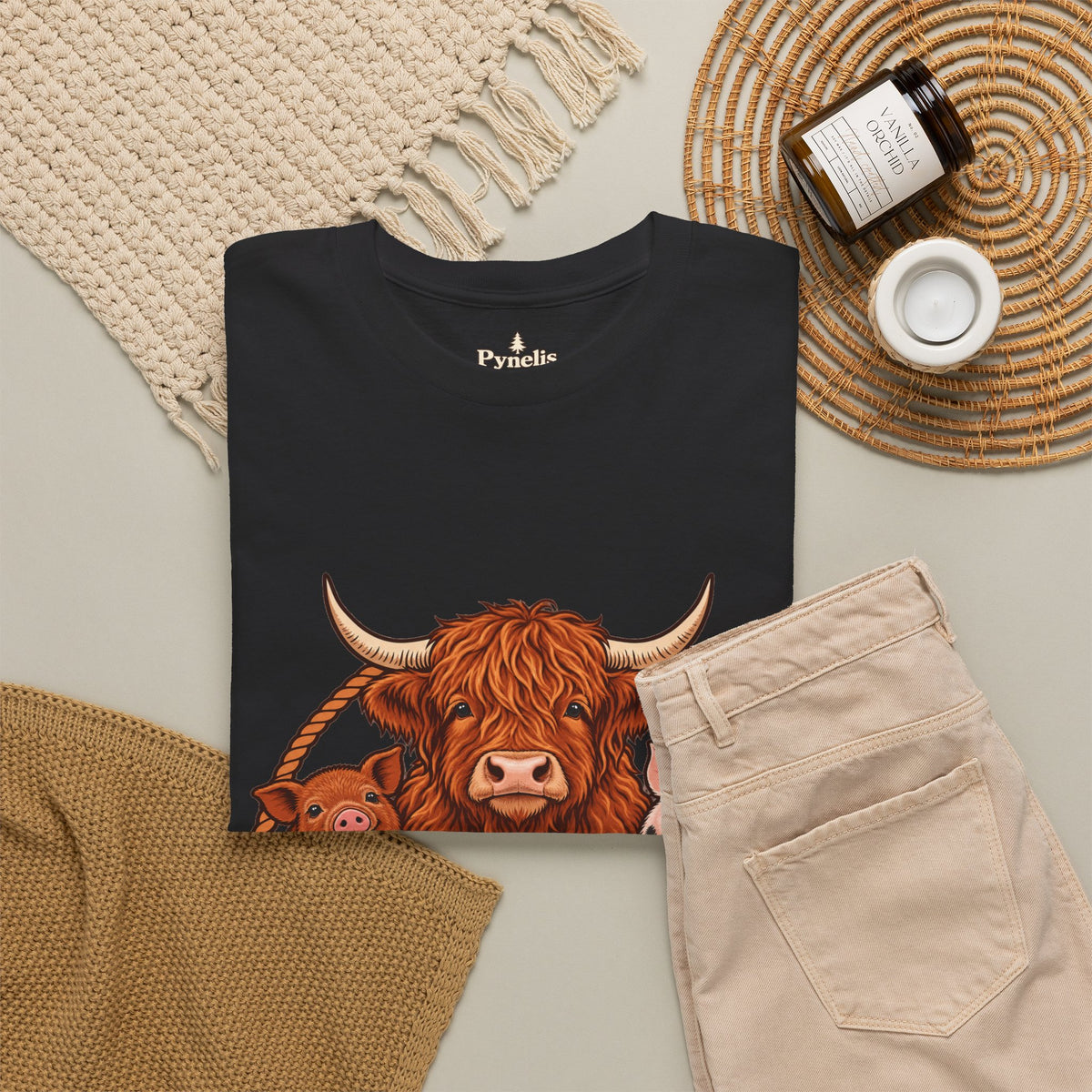Highland Cow & Pig Farm Tee — Pynelis "Moo & Oink" Vintage Farm Logo T-Shirt