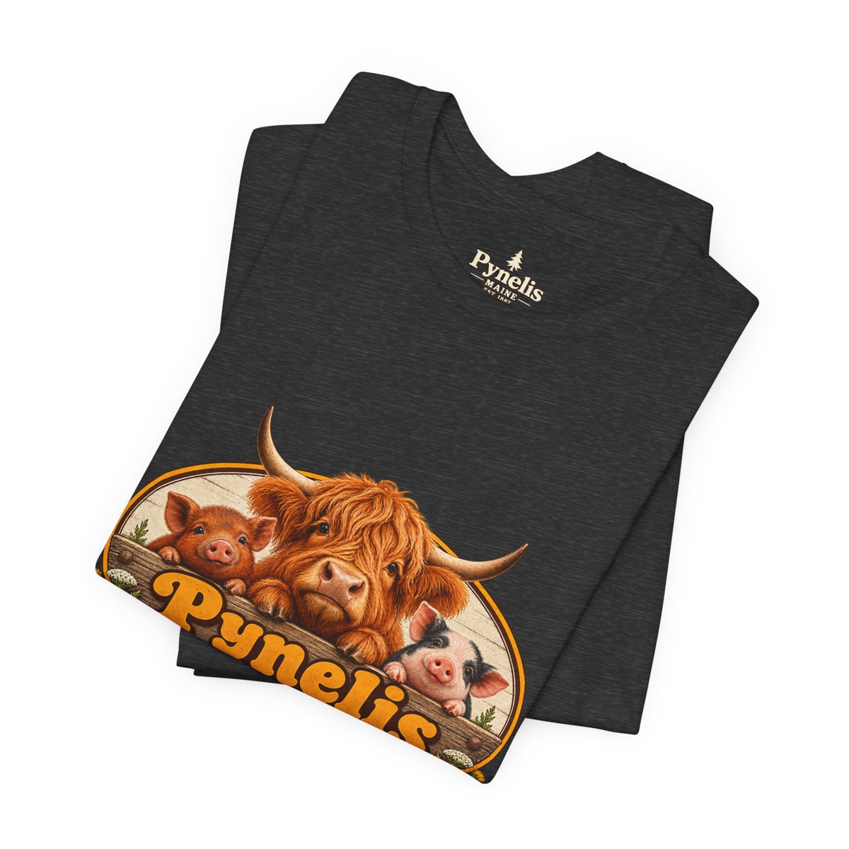 Highland Cow Farm T-Shirt — “Pynelis” Vintage Rustic Livestock Tee