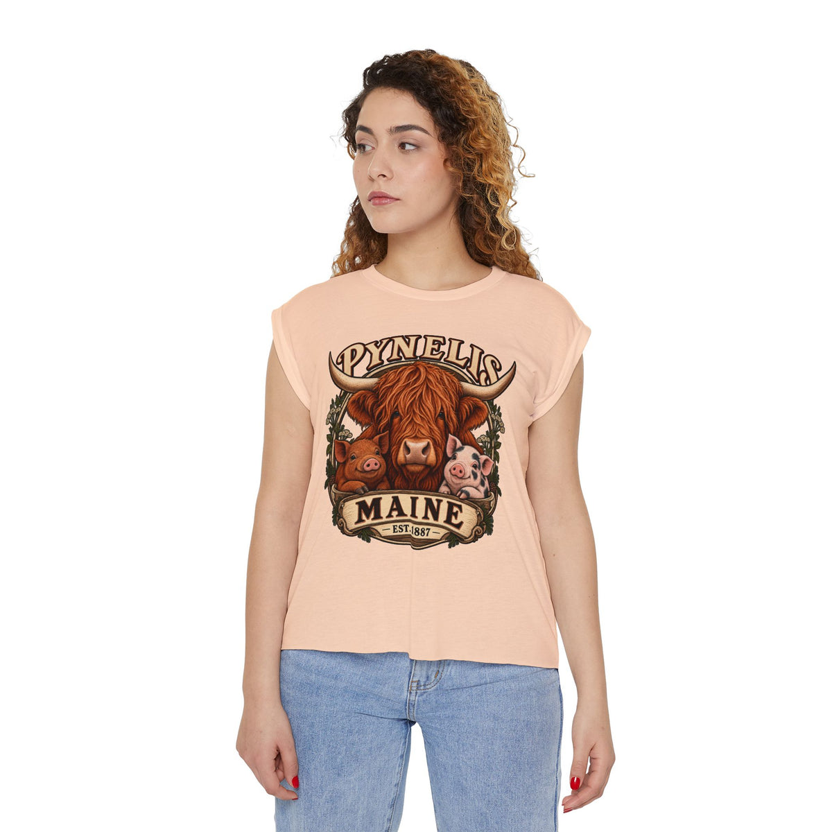 Maine Farm Animal Muscle Tee — "Pynelis" Highland Cow & Pig Graphic