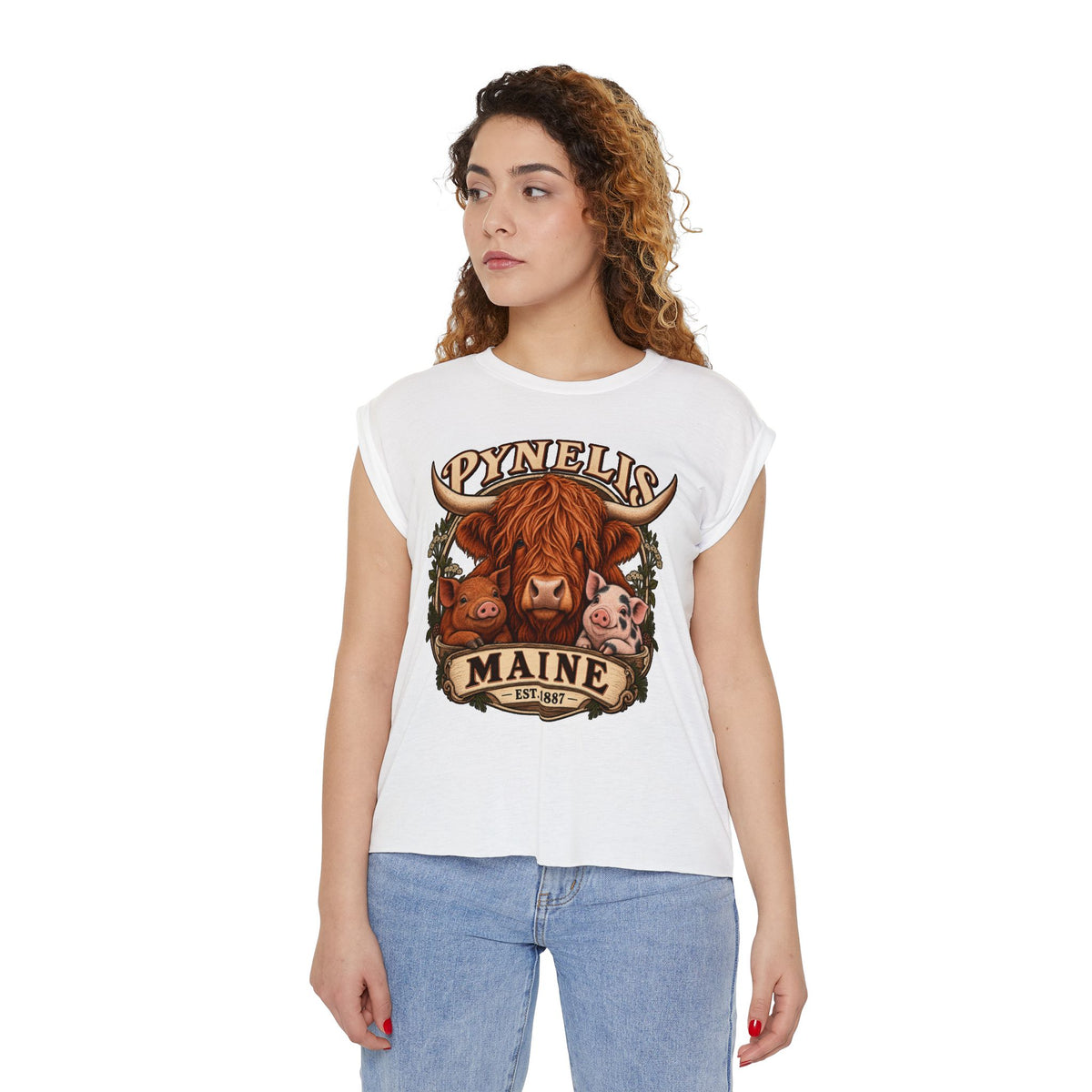 Maine Farm Animal Muscle Tee — "Pynelis" Highland Cow & Pig Graphic