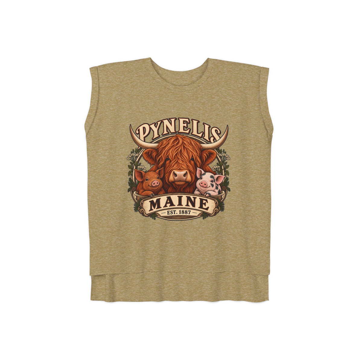 Maine Farm Animal Muscle Tee — "Pynelis" Highland Cow & Pig Graphic