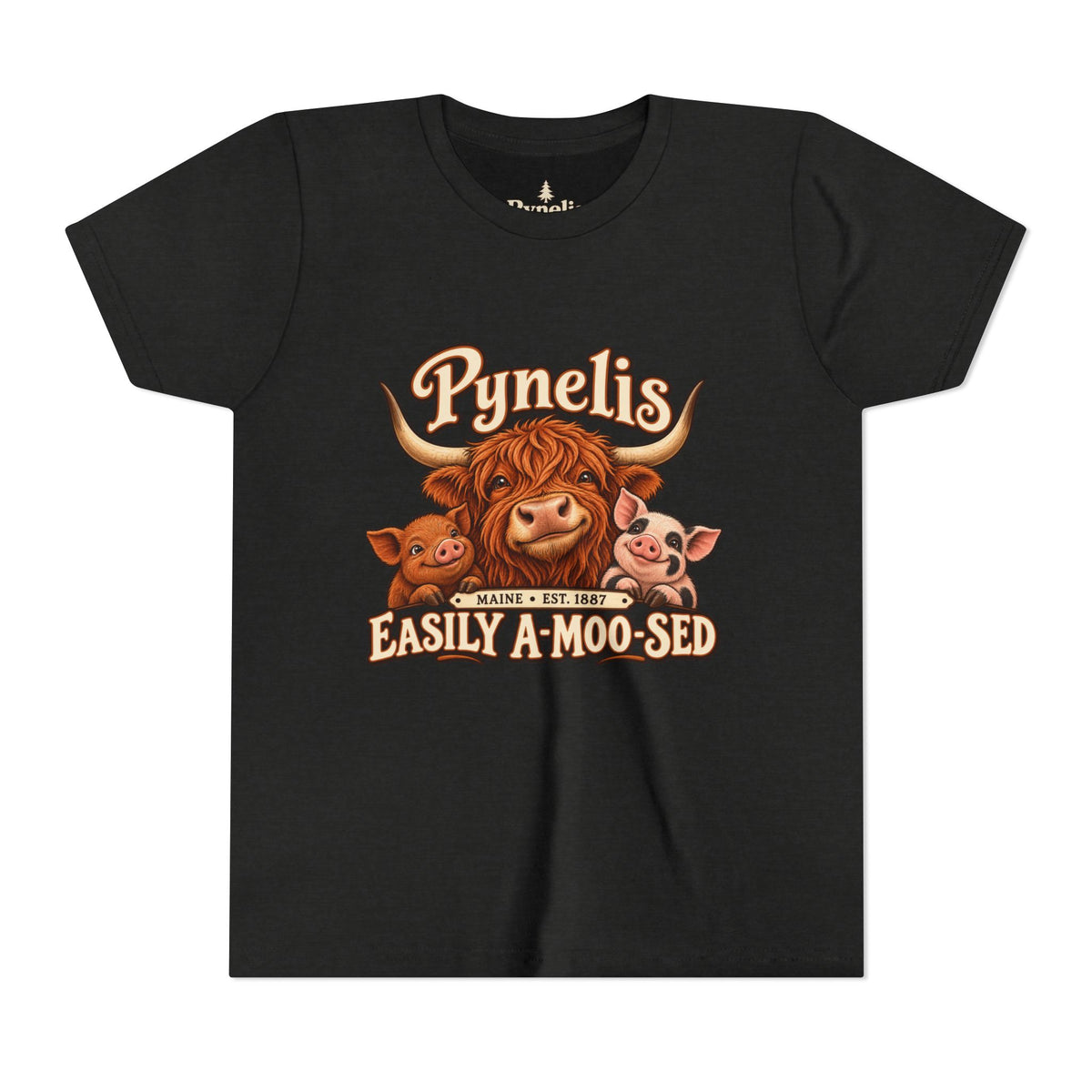 Youth Tee - "Pynelis Easily A-Moo-Sed" Funny Cow & Pig Farm Animal Shirt