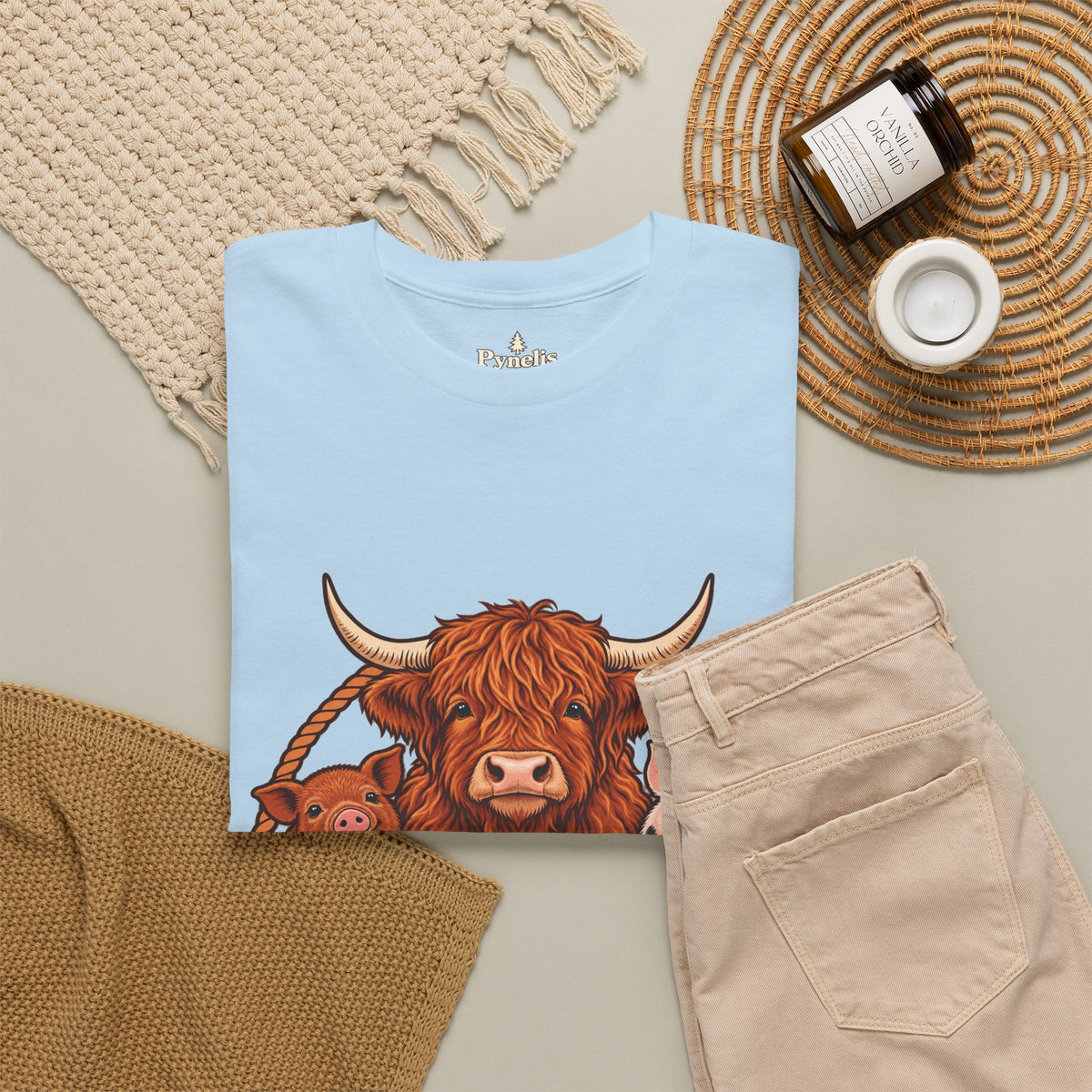 Highland Cow & Pig Farm Tee — Pynelis "Moo & Oink" Vintage Farm Logo T-Shirt