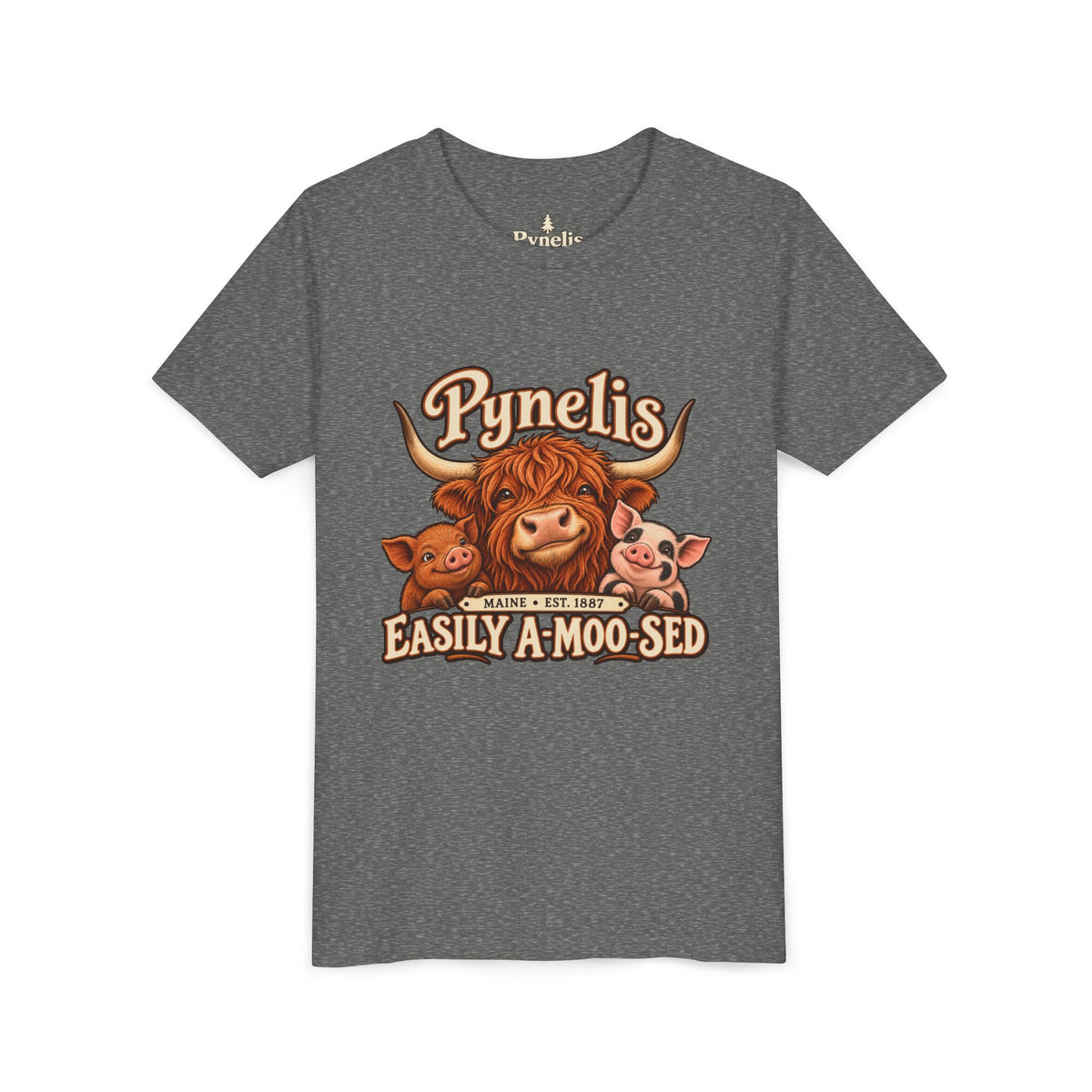 Youth Tee - "Pynelis Easily A-Moo-Sed" Funny Cow & Pig Farm Animal Shirt
