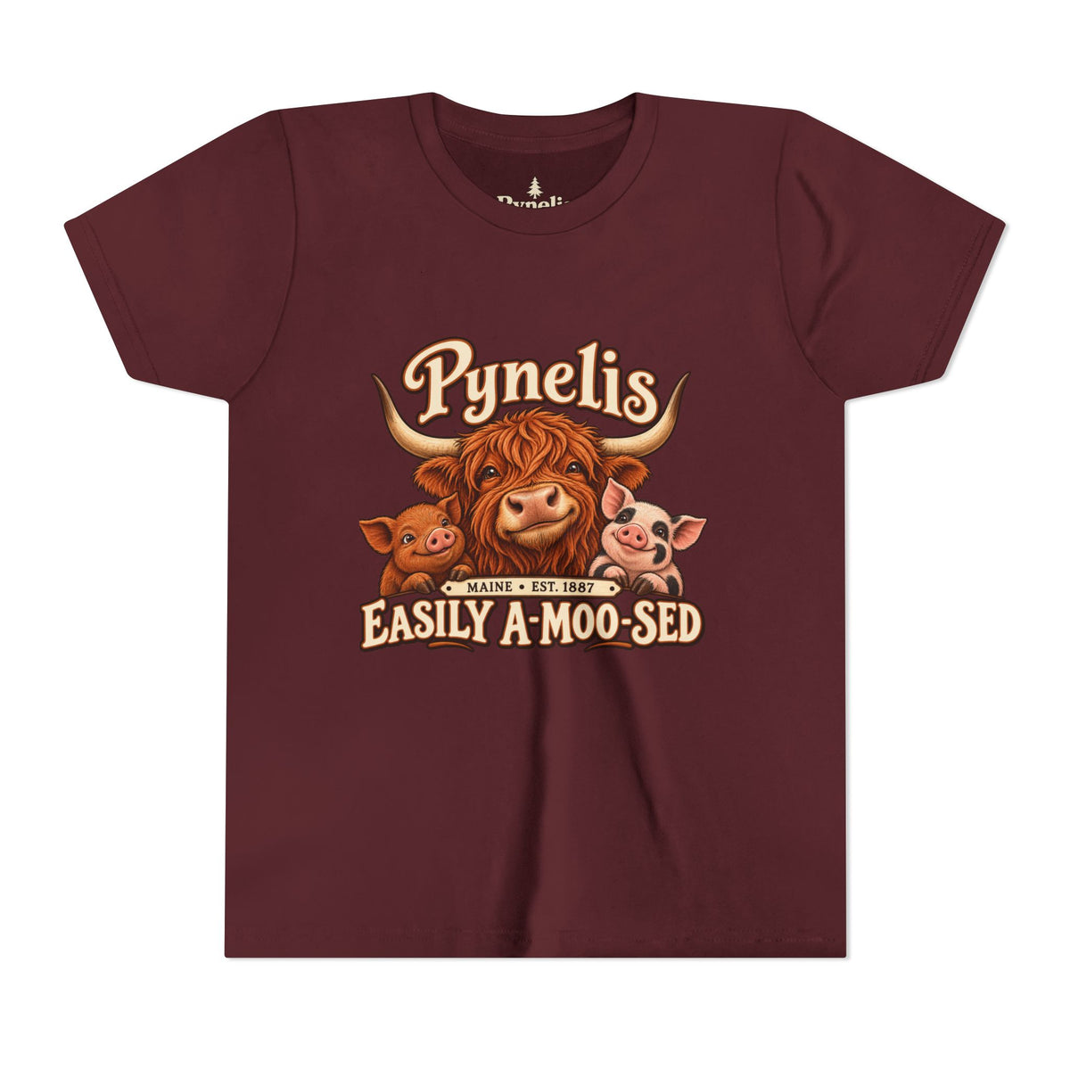 Youth Tee - "Pynelis Easily A-Moo-Sed" Funny Cow & Pig Farm Animal Shirt