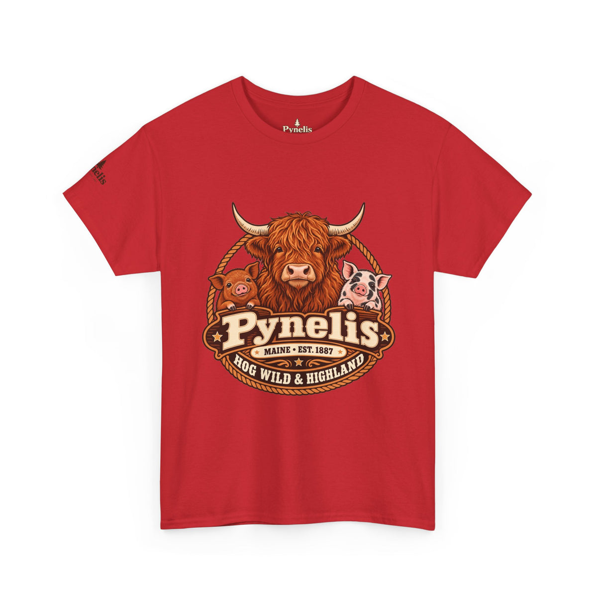 Highland Cow & Pig Farm Tee — Pynelis "Moo & Oink" Vintage Farm Logo T-Shirt