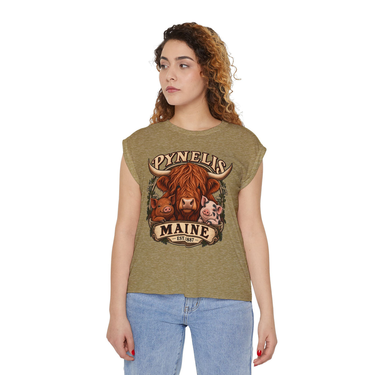Maine Farm Animal Muscle Tee — "Pynelis" Highland Cow & Pig Graphic