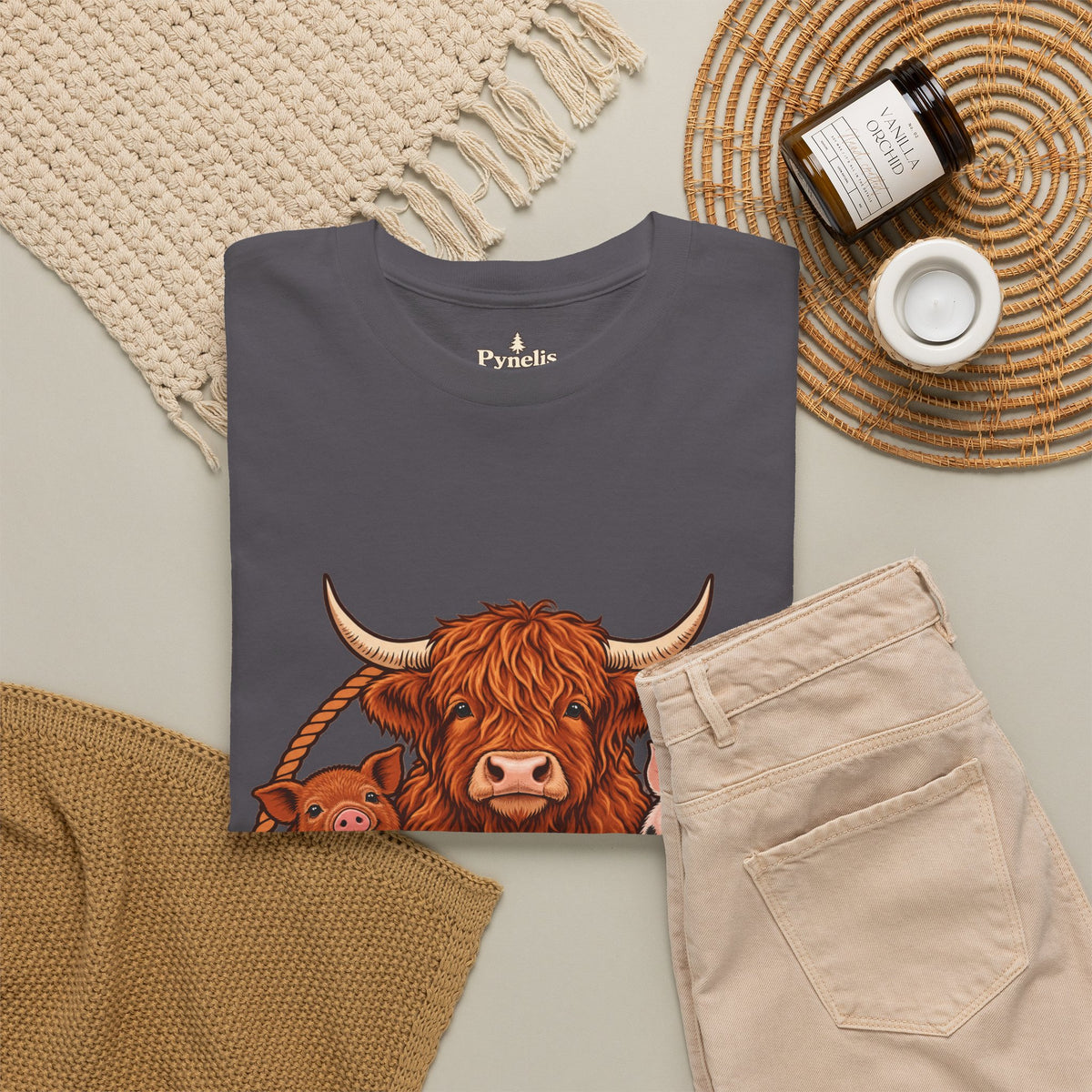 Highland Cow & Pig Farm Tee — Pynelis "Moo & Oink" Vintage Farm Logo T-Shirt