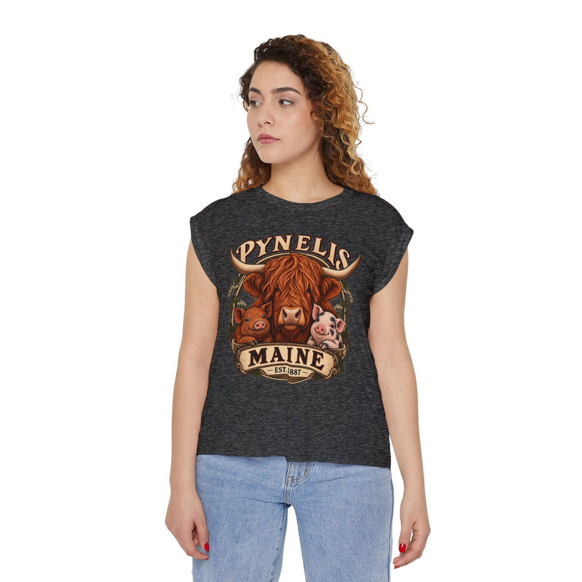 Maine Farm Animal Muscle Tee — "Pynelis" Highland Cow & Pig Graphic