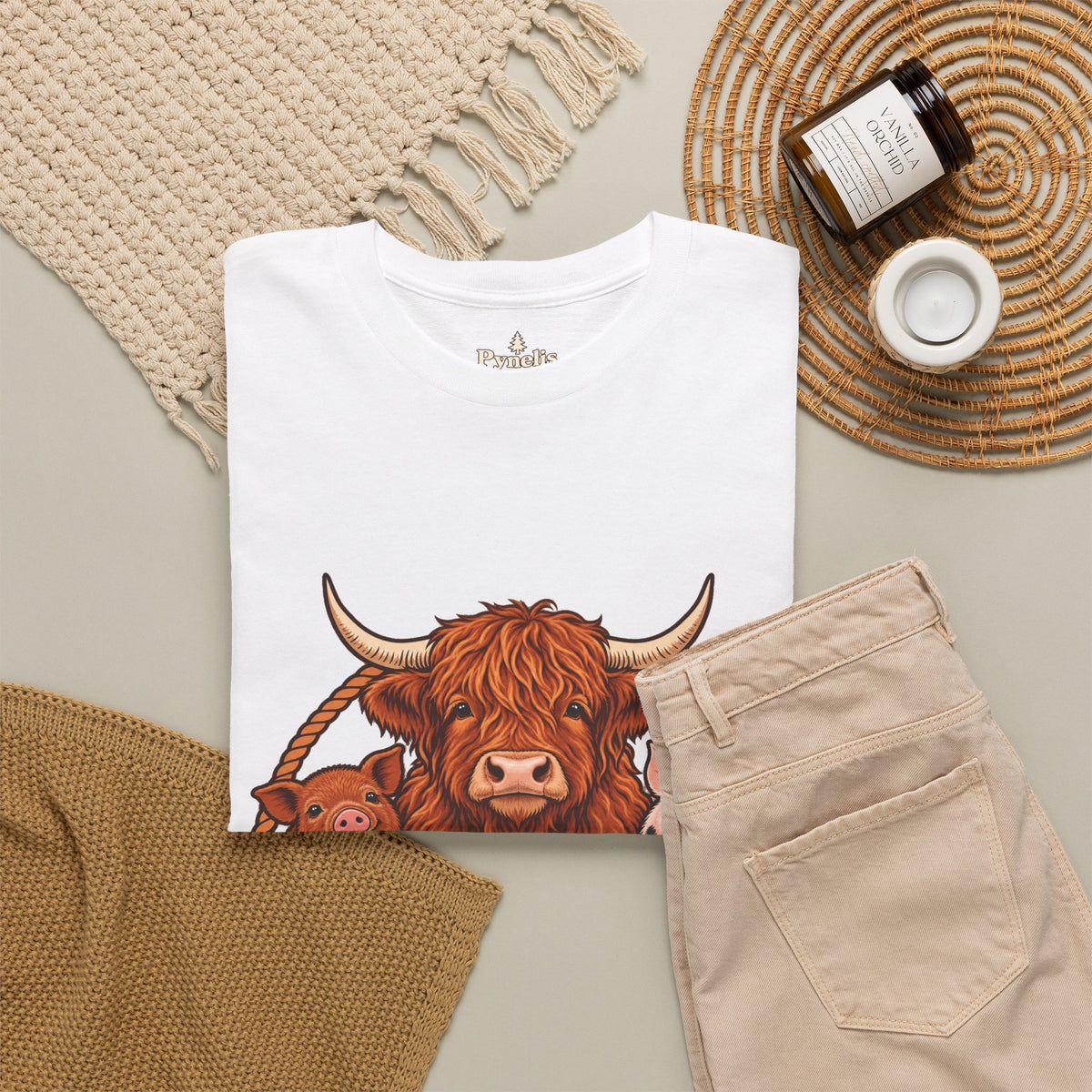 Highland Cow & Pig Farm Tee — Pynelis "Moo & Oink" Vintage Farm Logo T-Shirt