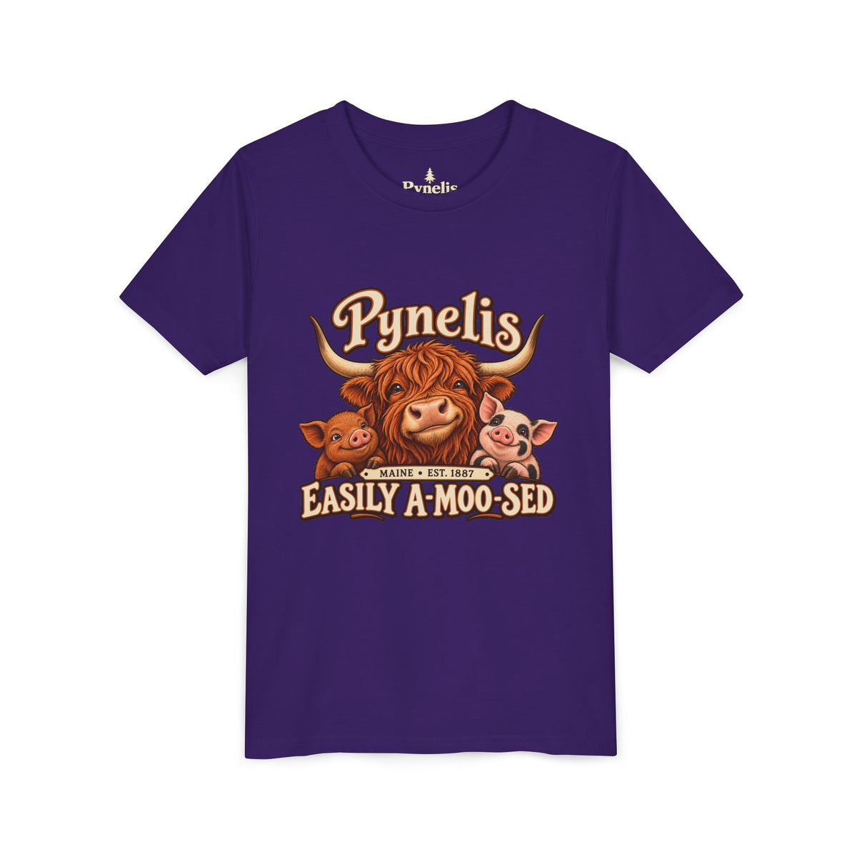 Youth Tee - "Pynelis Easily A-Moo-Sed" Funny Cow & Pig Farm Animal Shirt